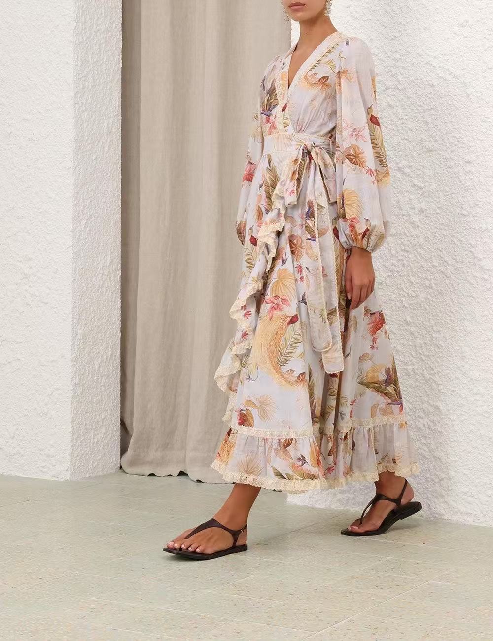 Zimmernamm Ascension Frill midi dress light blue self-tie wrap design floral print lace trim 2506044Zim