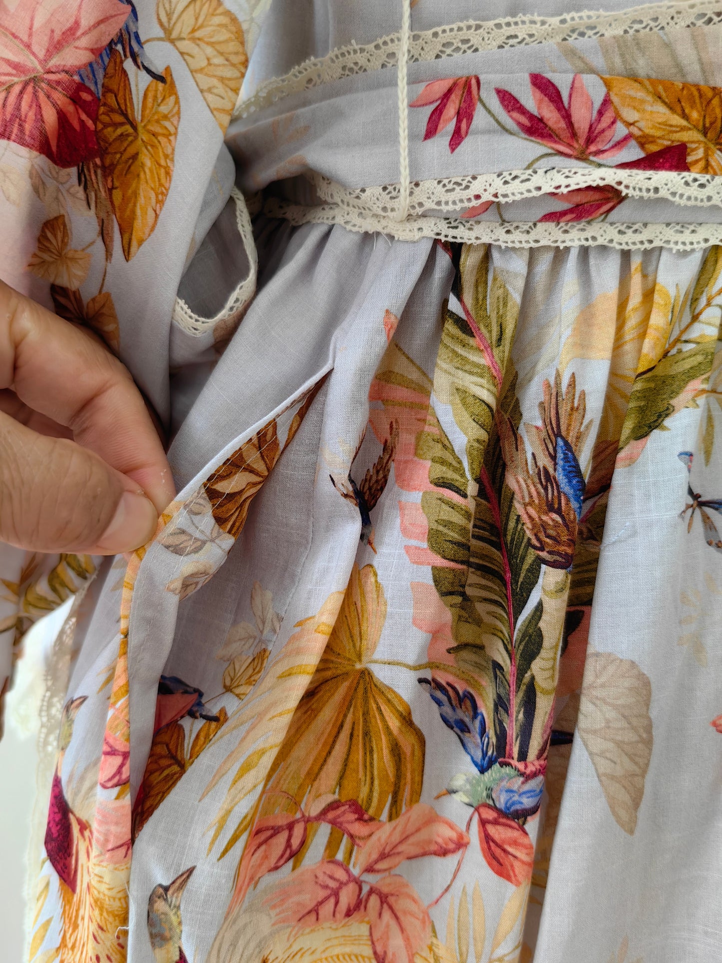 Zimmernamm Ascension Frill midi dress light blue self-tie wrap design floral print lace trim 2506044Zim