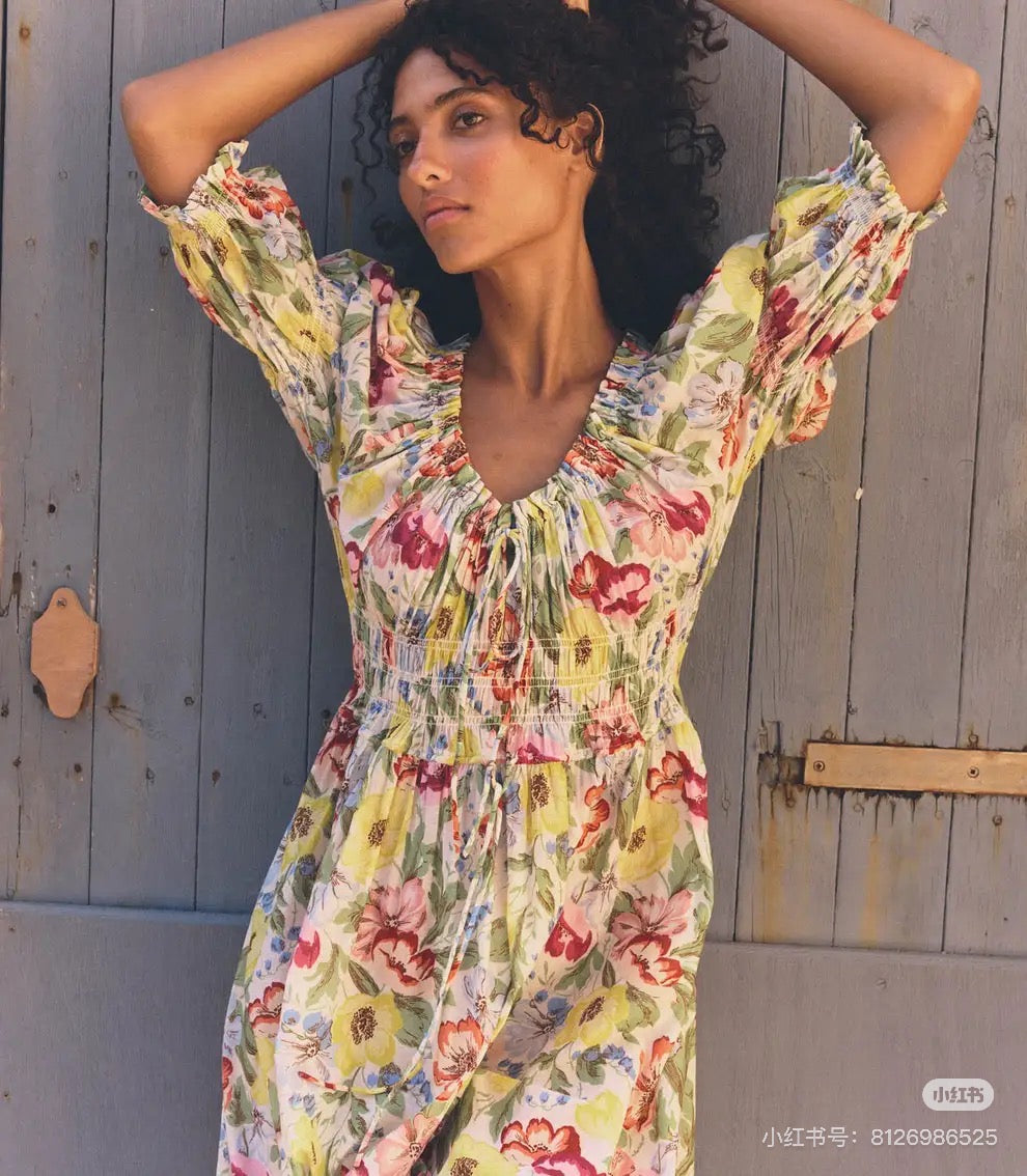 Doen Cotton Midi Dress Floral Print short latern sleeve elastic waist draw-string roung-neck 2505096DOEN