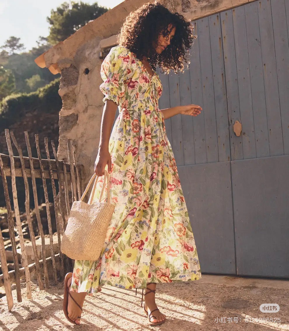 Doen Cotton Midi Dress Floral Print short latern sleeve elastic waist draw-string roung-neck 2505096DOEN
