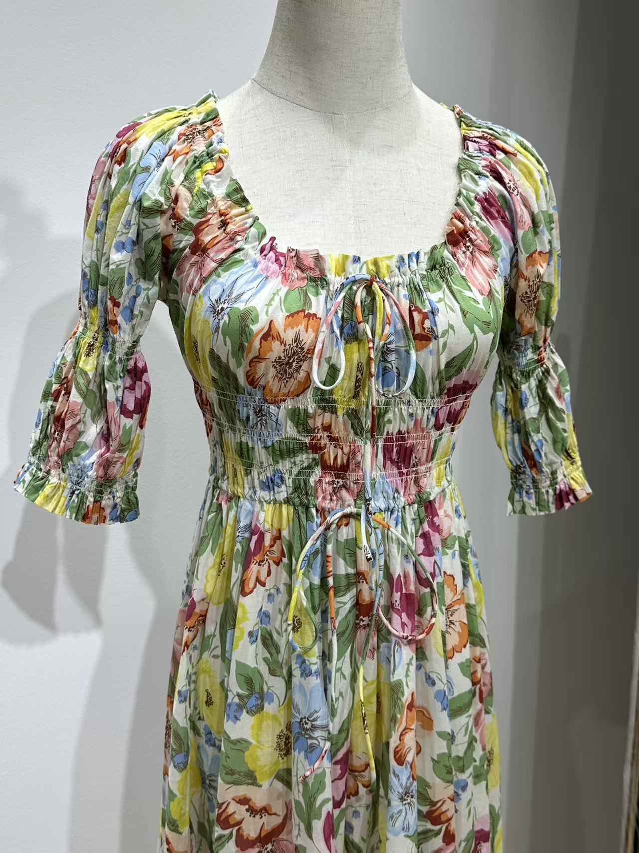 Doen Cotton Midi Dress Floral Print short latern sleeve elastic waist draw-string roung-neck 2505096DOEN