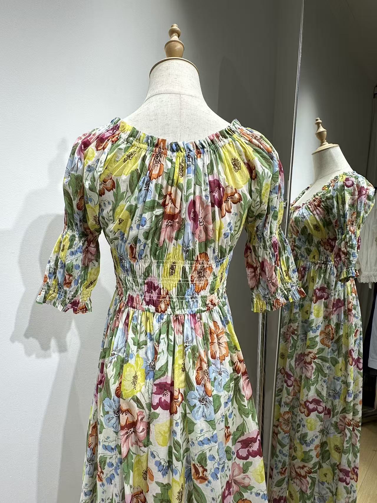 Doen Cotton Midi Dress Floral Print short latern sleeve elastic waist draw-string roung-neck 2505096DOEN