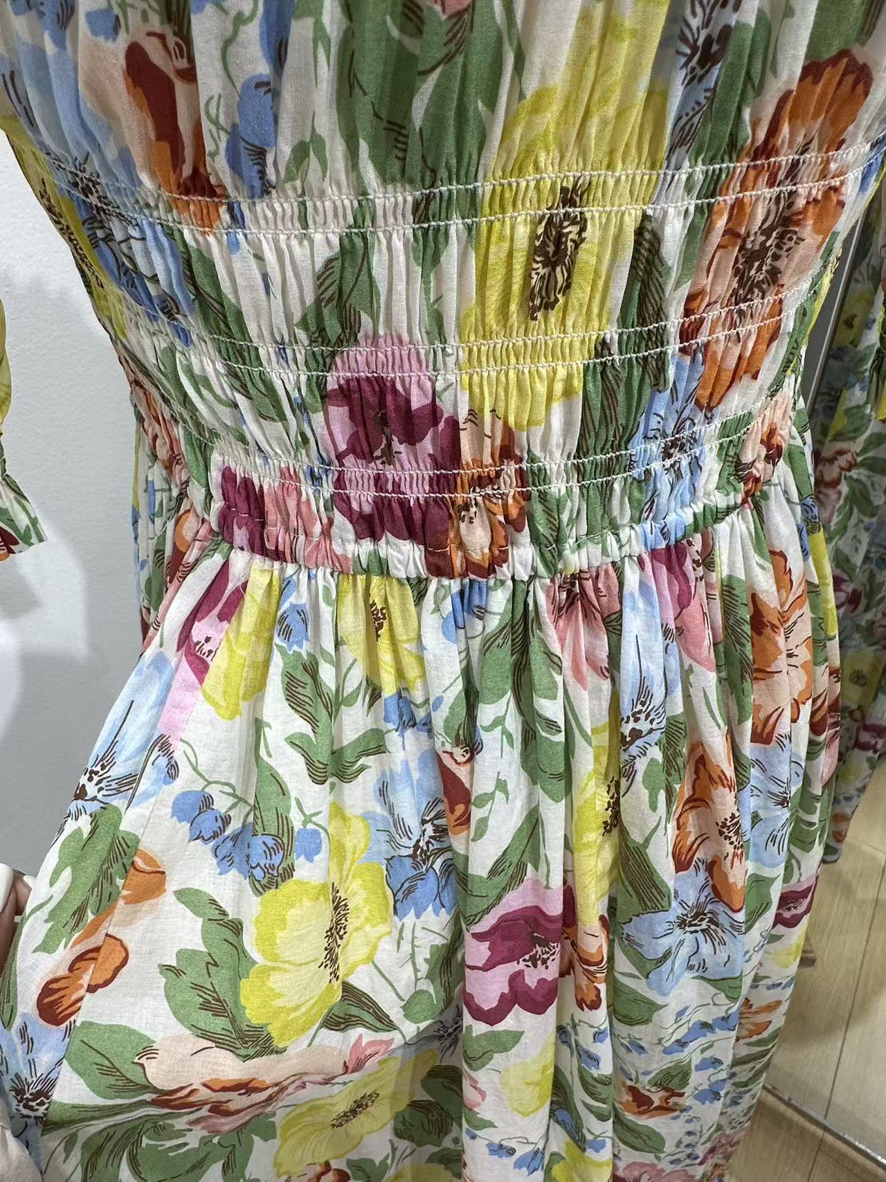 Doen Cotton Midi Dress Floral Print short latern sleeve elastic waist draw-string roung-neck 2505096DOEN