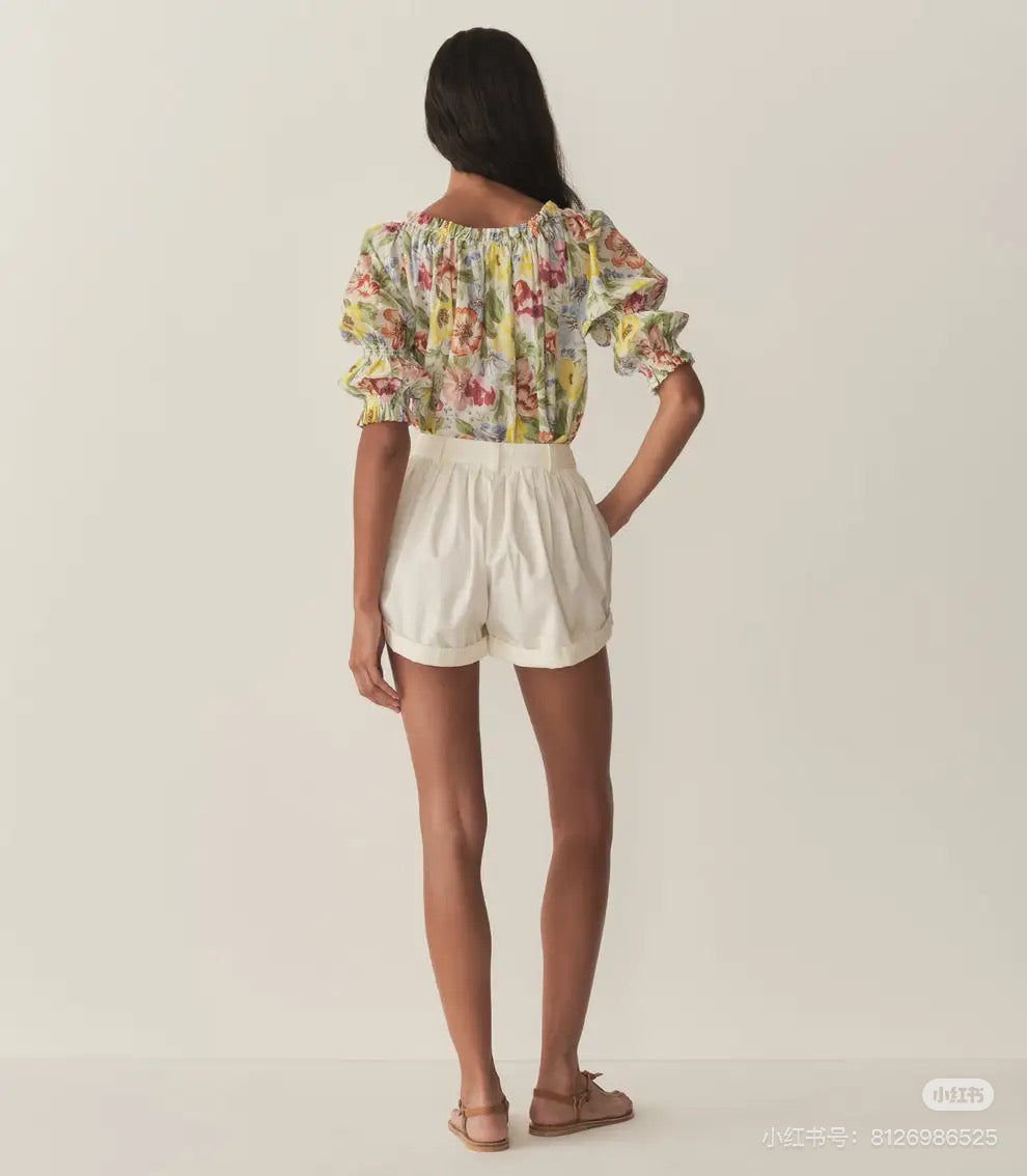 Doen short sleeve shirt summer draw-string round collar ruffle lantern sleeve floral print 2505095DOEN