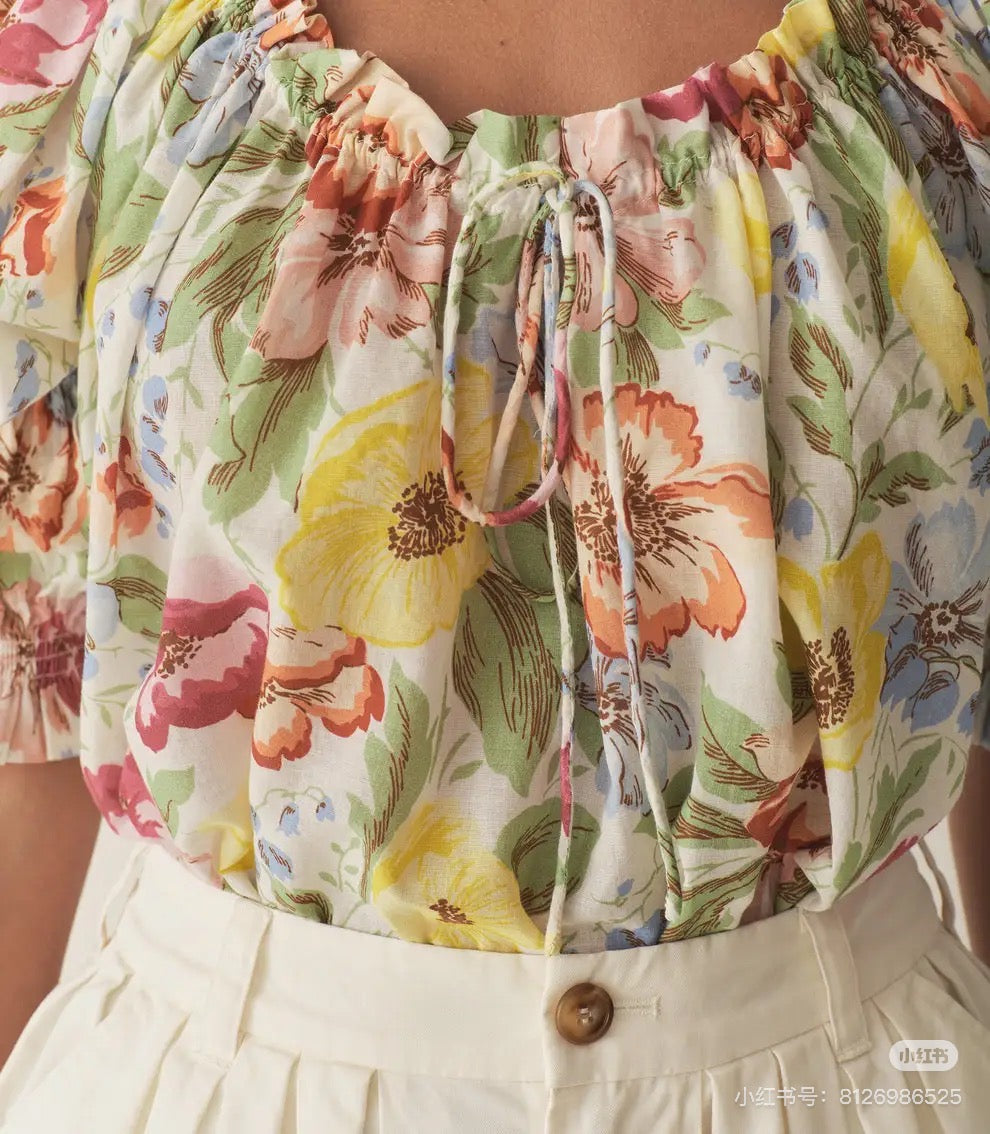 Doen short sleeve shirt summer draw-string round collar ruffle lantern sleeve floral print 2505095DOEN
