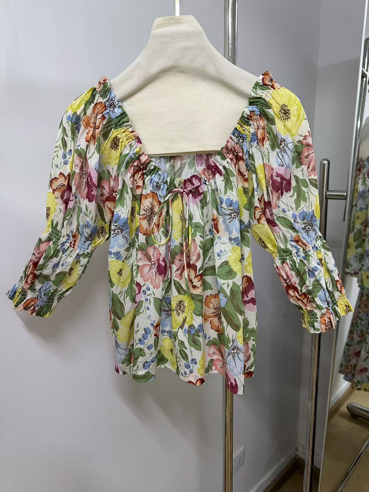 Doen short sleeve shirt summer draw-string round collar ruffle lantern sleeve floral print 2505095DOEN