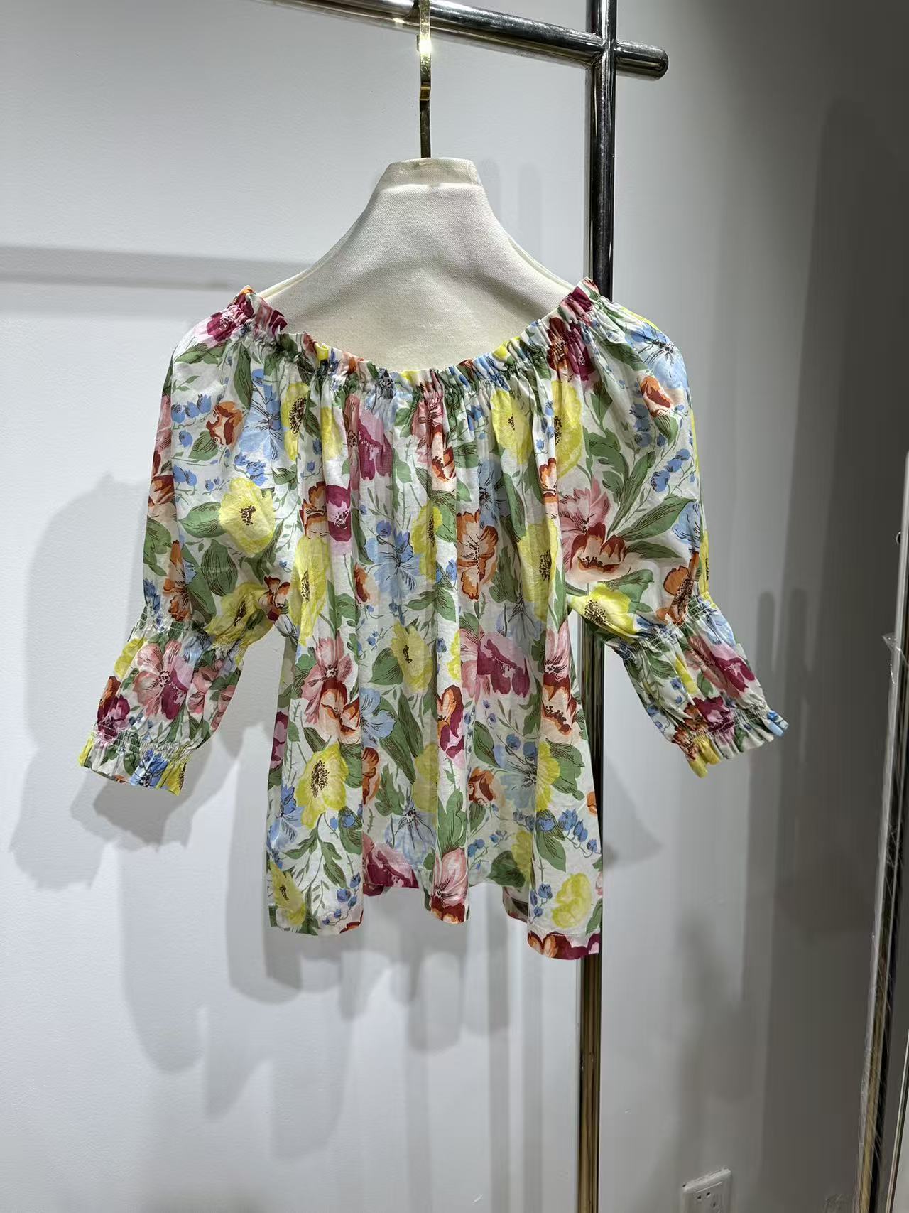 Doen short sleeve shirt summer draw-string round collar ruffle lantern sleeve floral print 2505095DOEN
