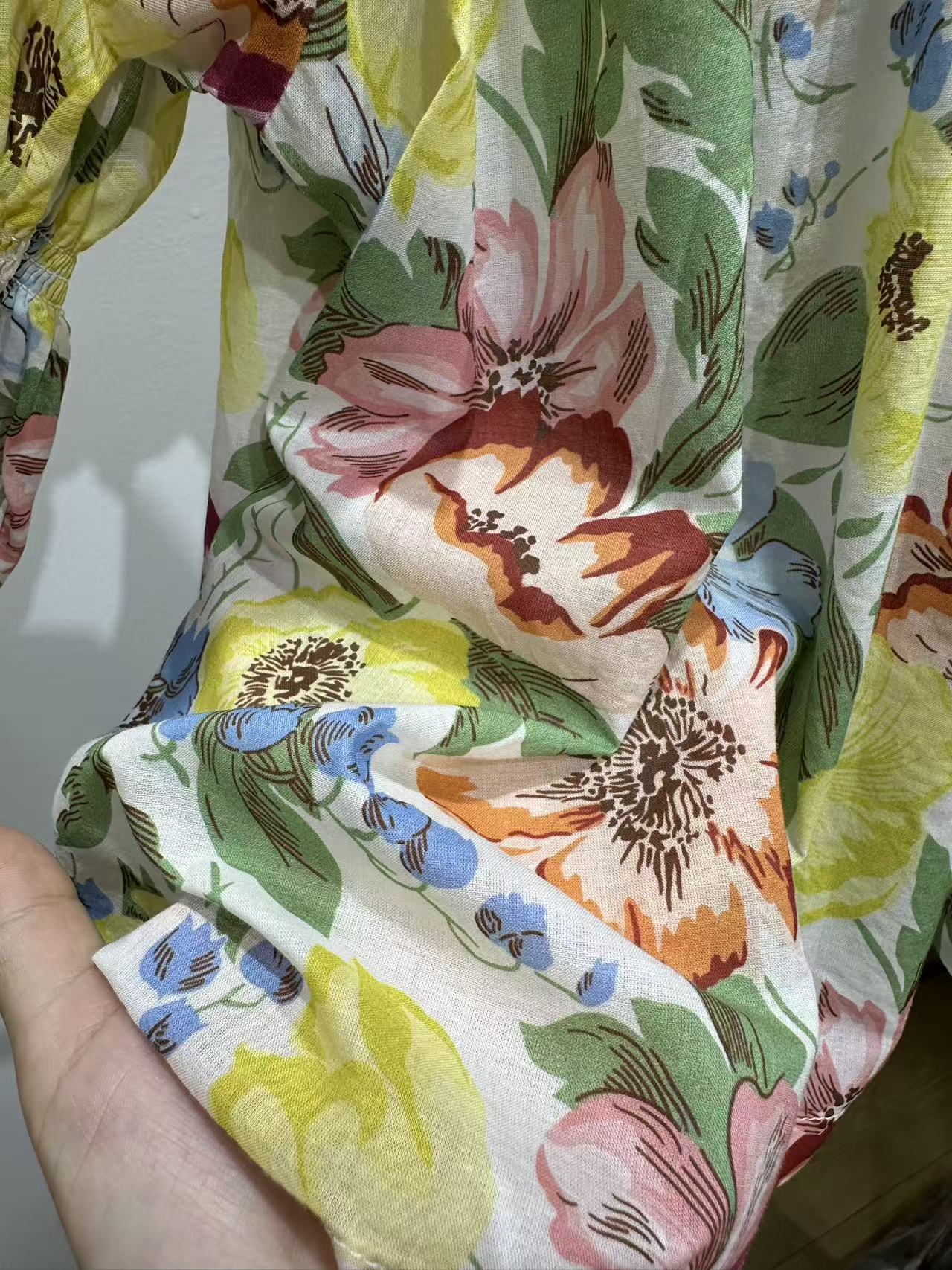 Doen short sleeve shirt summer draw-string round collar ruffle lantern sleeve floral print 2505095DOEN