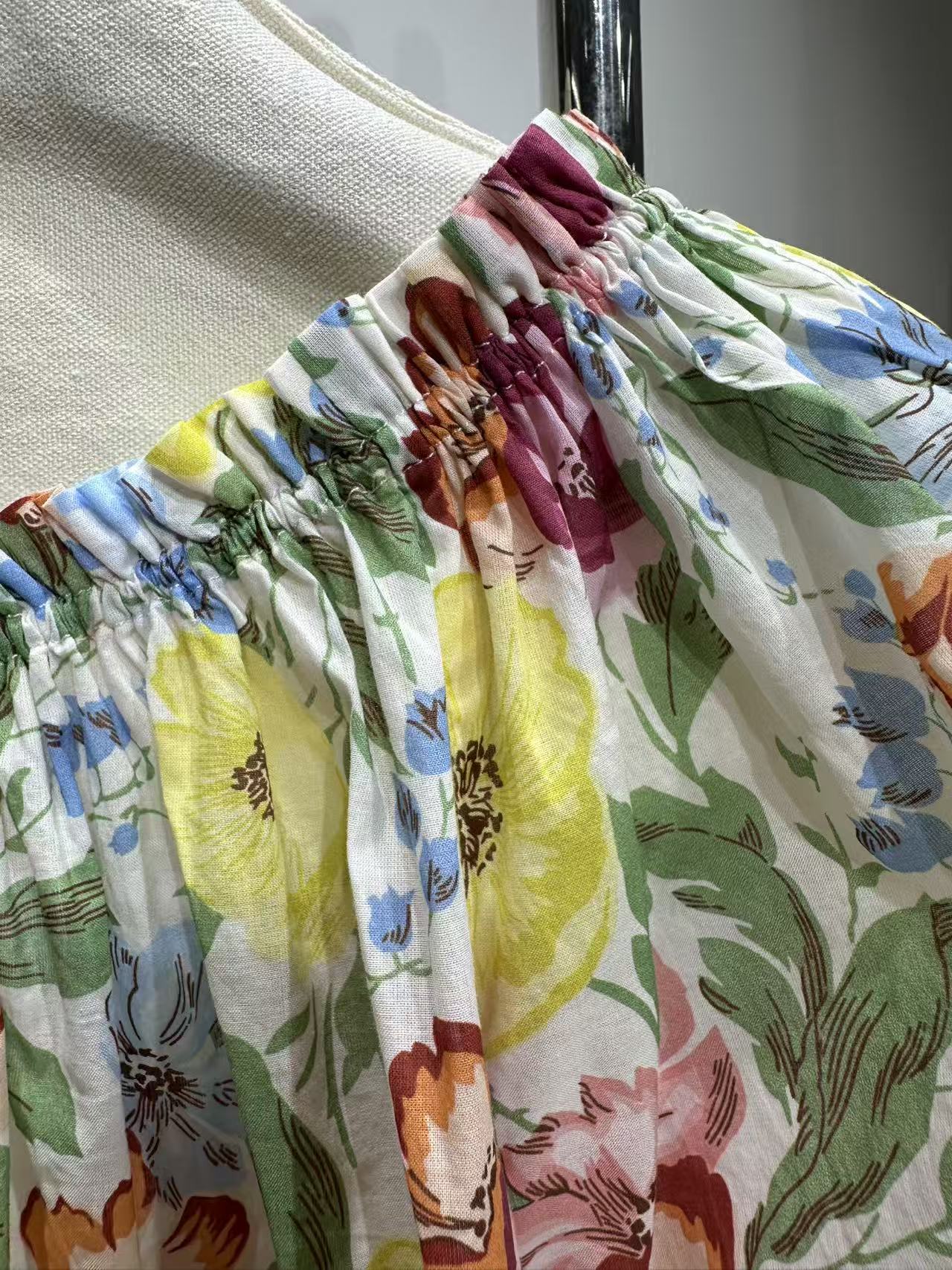 Doen short sleeve shirt summer draw-string round collar ruffle lantern sleeve floral print 2505095DOEN