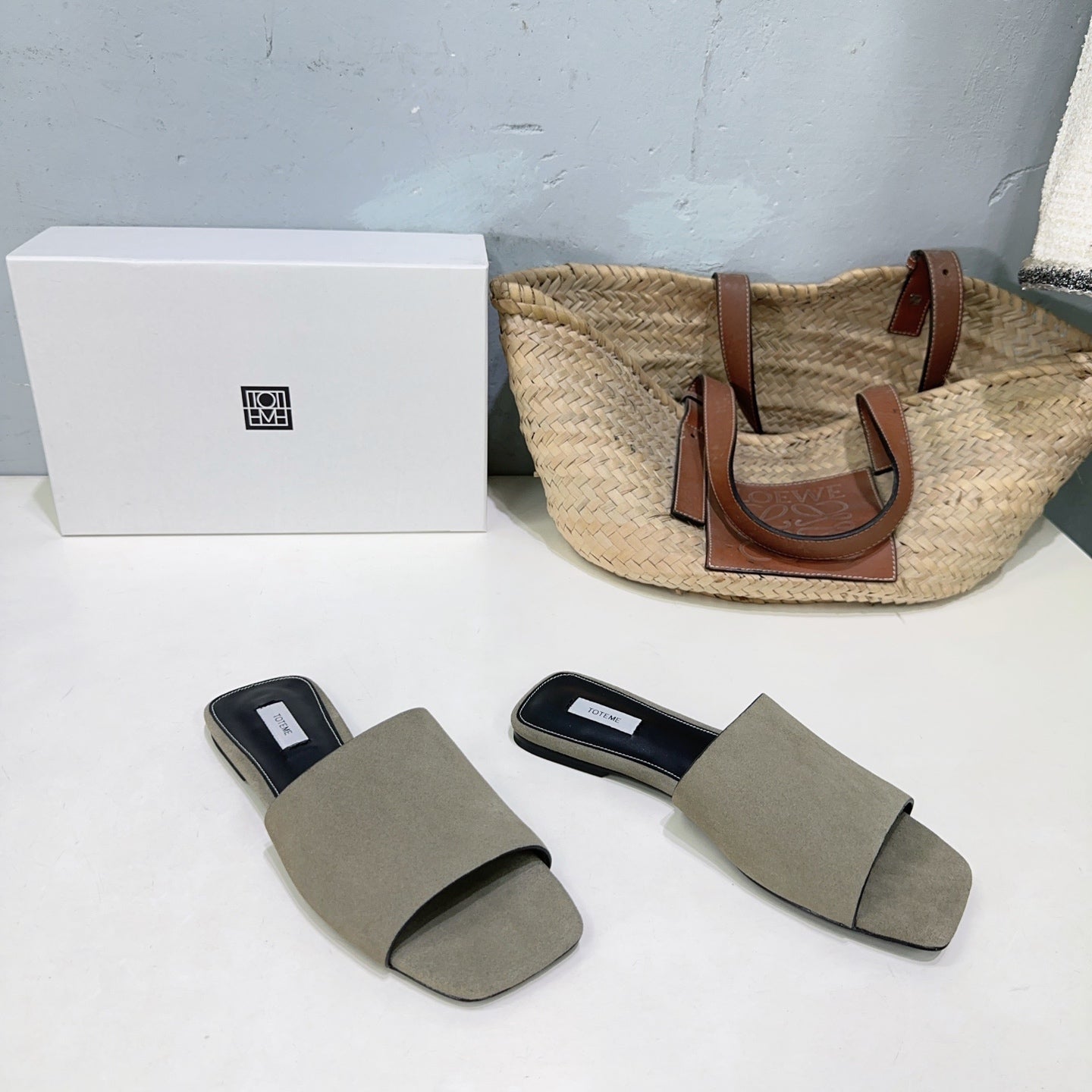 Toteme flat square-toe slippers Nubuck leather black gray beige summer leather sole 2505088TT