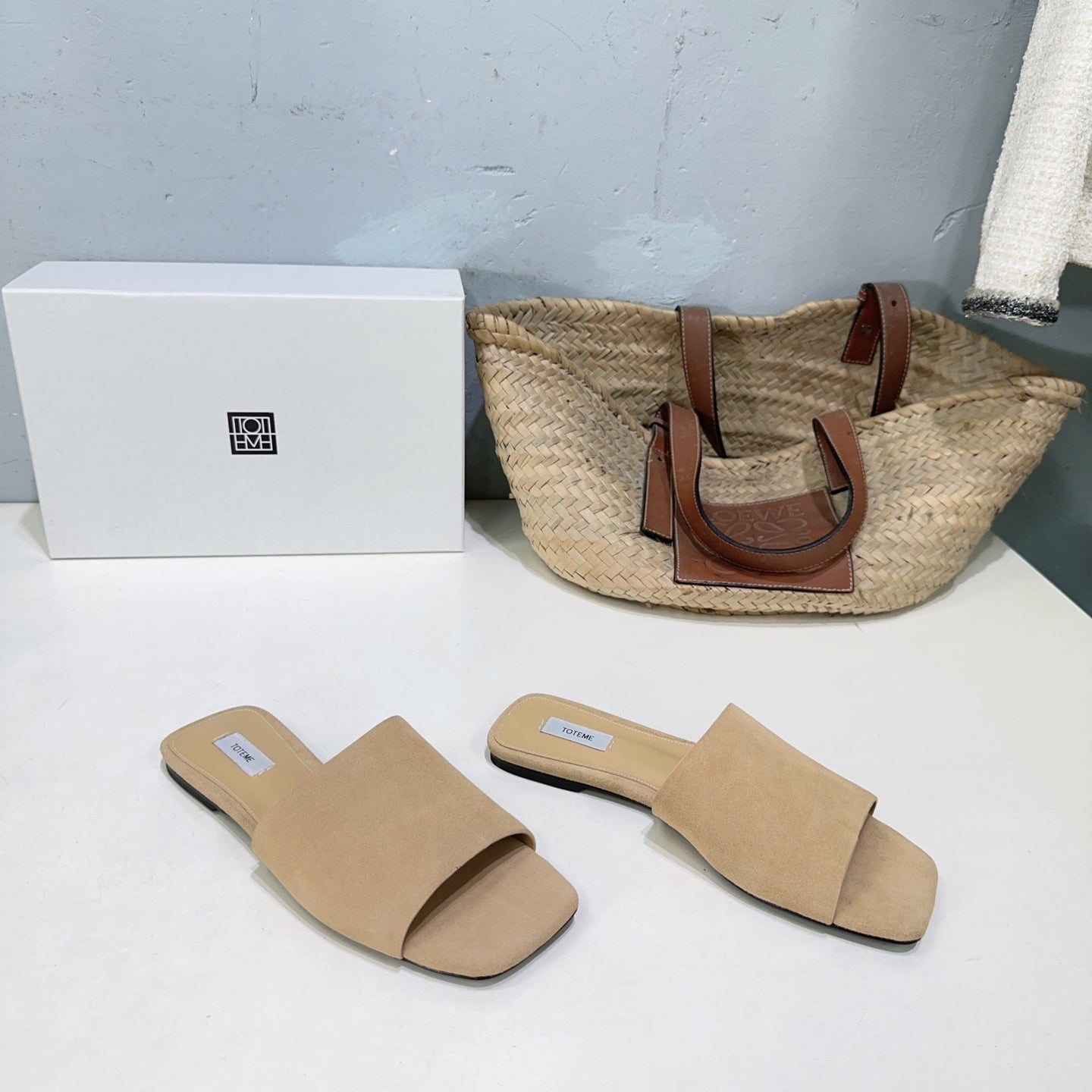 Toteme flat square-toe slippers Nubuck leather black gray beige summer leather sole 2505088TT