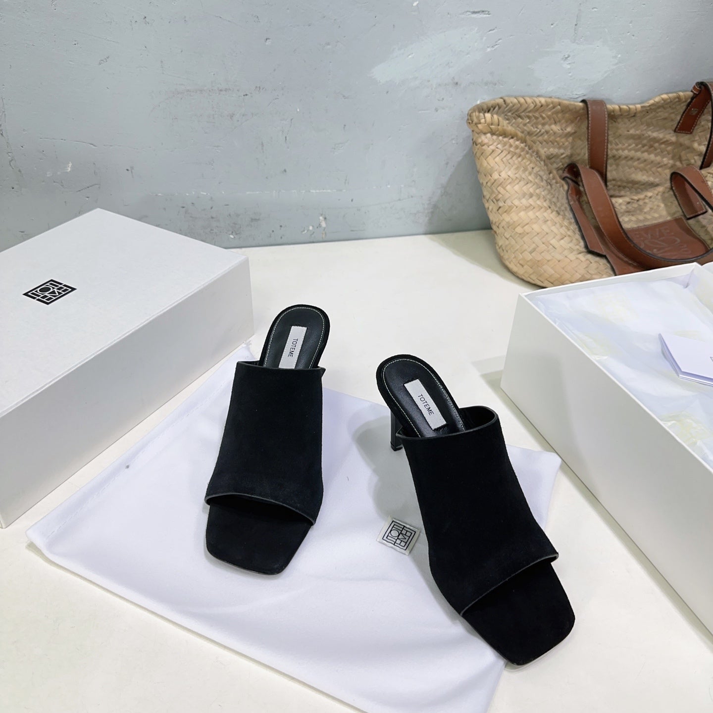 Toteme High-heel square-toe slippers Nubuck leather black gray beige summer 9cm 2505085TT