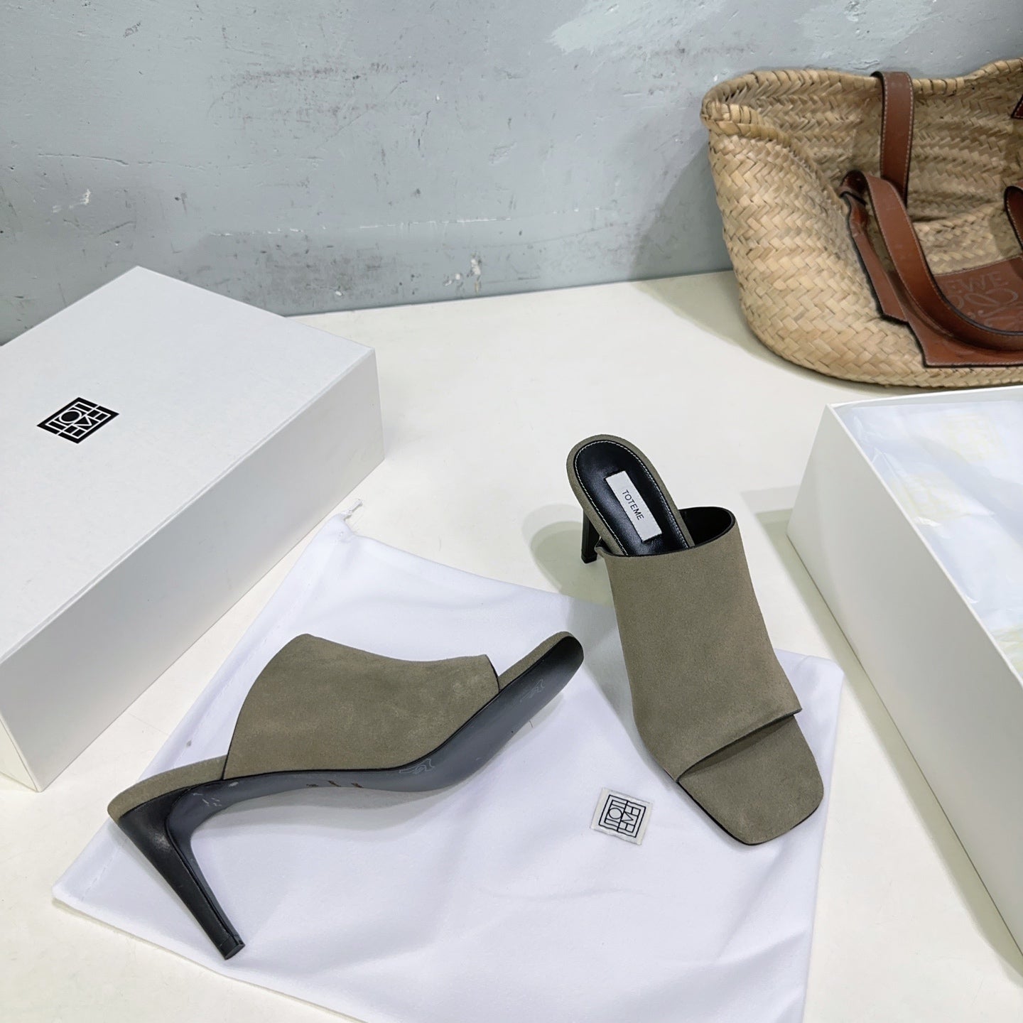Toteme High-heel square-toe slippers Nubuck leather black gray beige summer 9cm 2505085TT