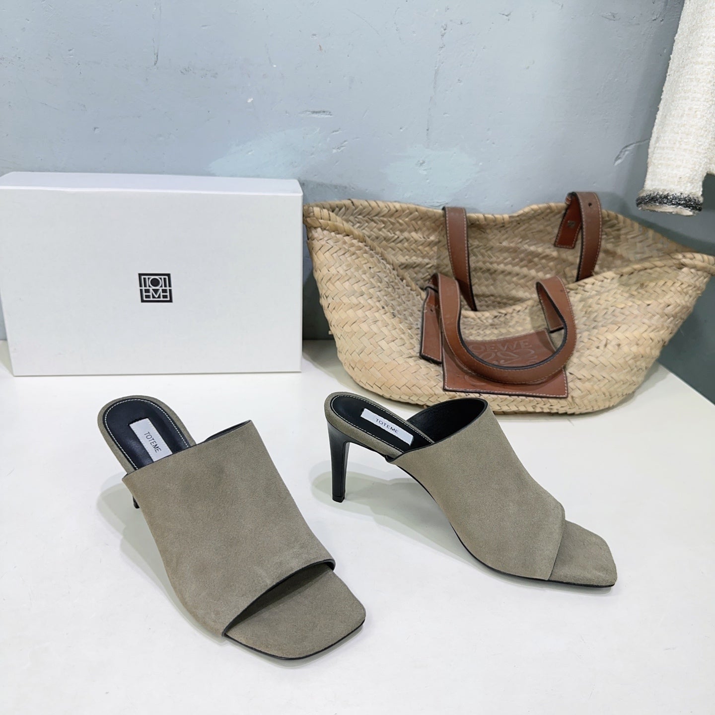 Toteme High-heel square-toe slippers Nubuck leather black gray beige summer 9cm 2505085TT