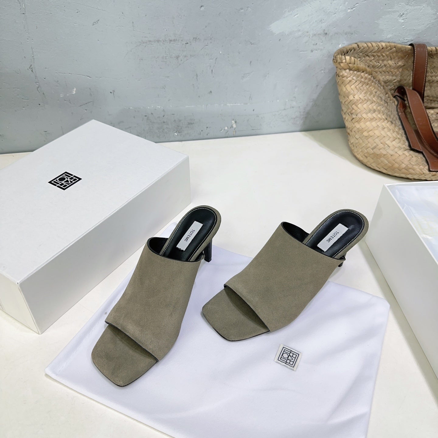 Toteme High-heel square-toe slippers Nubuck leather black gray beige summer 9cm 2505085TT