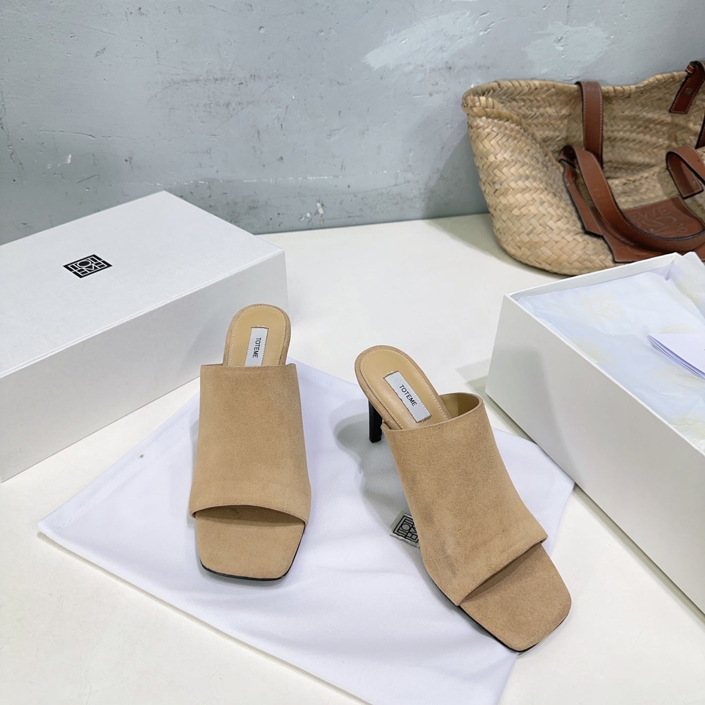 Toteme High-heel square-toe slippers Nubuck leather black gray beige summer 9cm 2505085TT