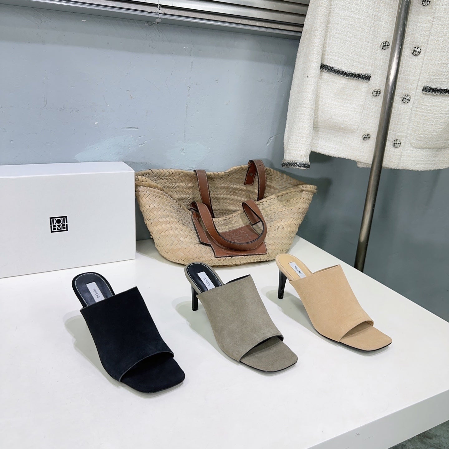 Toteme High-heel square-toe slippers Nubuck leather black gray beige summer 9cm 2505085TT