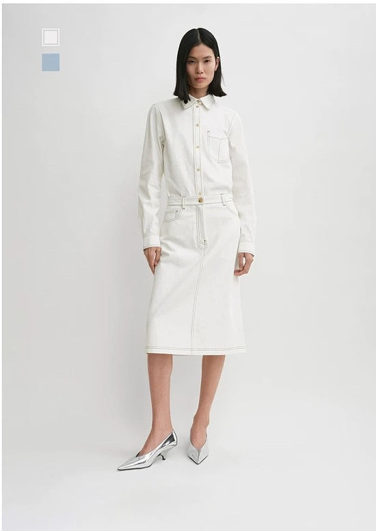 Toteme cotton denim midi skirt light blue white washed denim classic five pockets front button and zip 2412101TT