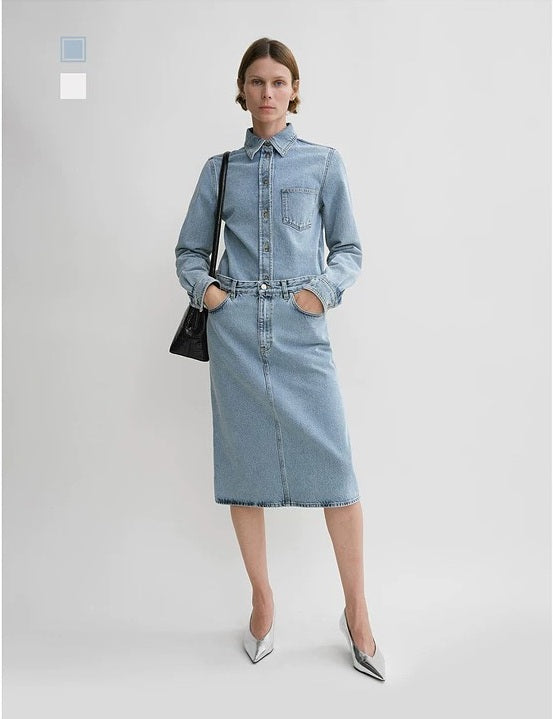 Toteme cotton denim midi skirt light blue white washed denim classic five pockets front button and zip 2412101TT
