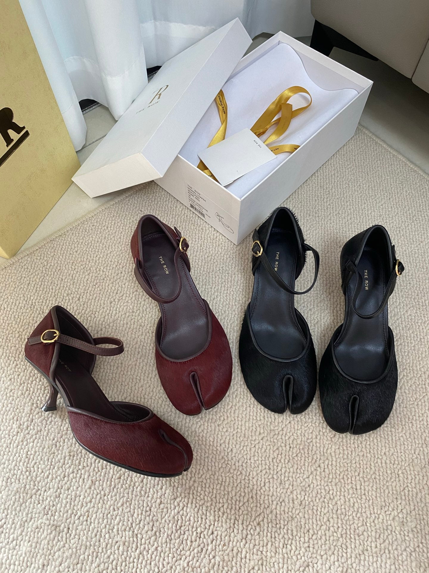 The Row Peep-toe Mule High-Heeled Shoes Toe-Separated horse hair sheepskin leather sole 2505043TR