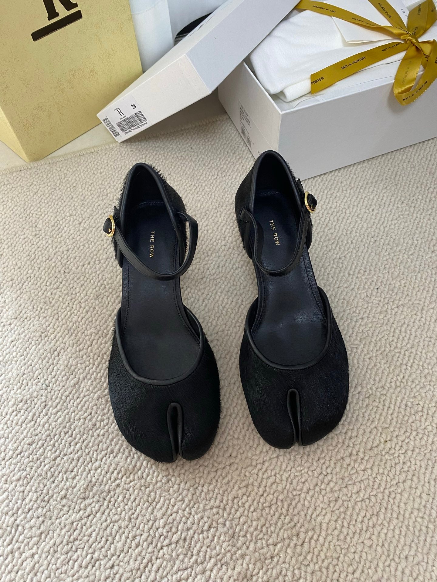 The Row Peep-toe Mule High-Heeled Shoes Toe-Separated horse hair sheepskin leather sole 2505043TR