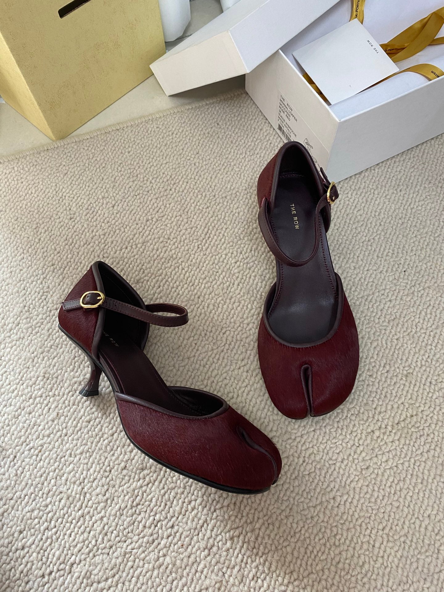 The Row Peep-toe Mule High-Heeled Shoes Toe-Separated horse hair sheepskin leather sole 2505043TR
