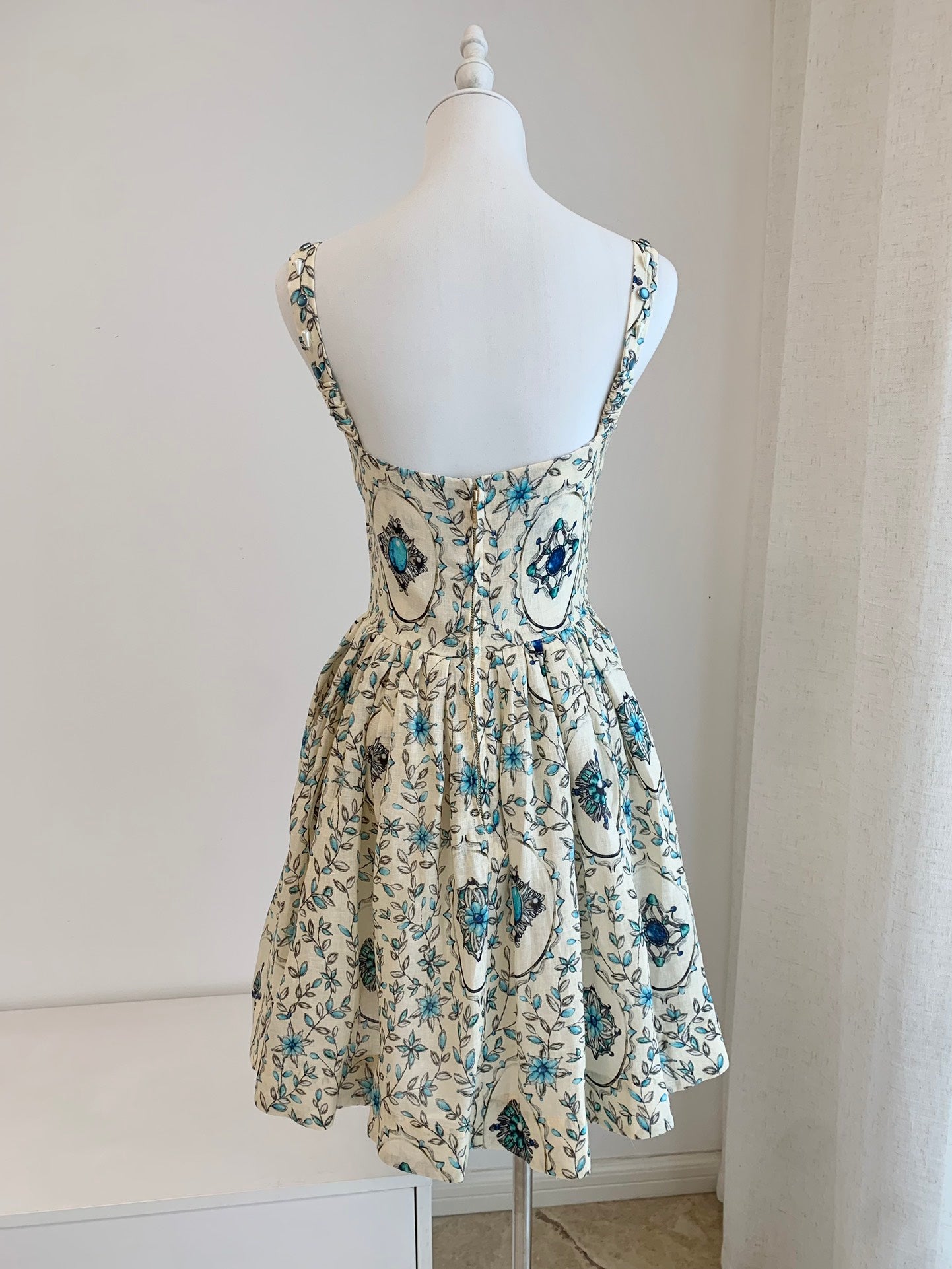 2501039Agu Agua Floral Print Mini Dress Linen Camisole Beading Beige Back Zipper Tie Waist