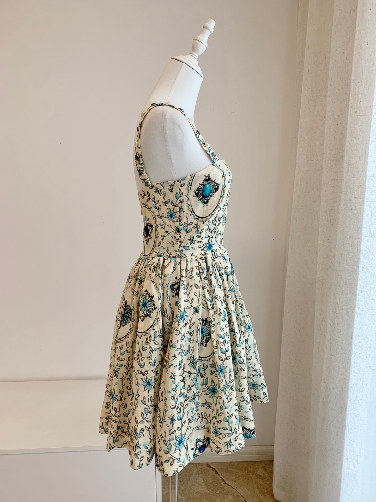 2501039Agu Agua Floral Print Mini Dress Linen Camisole Beading Beige Back Zipper Tie Waist