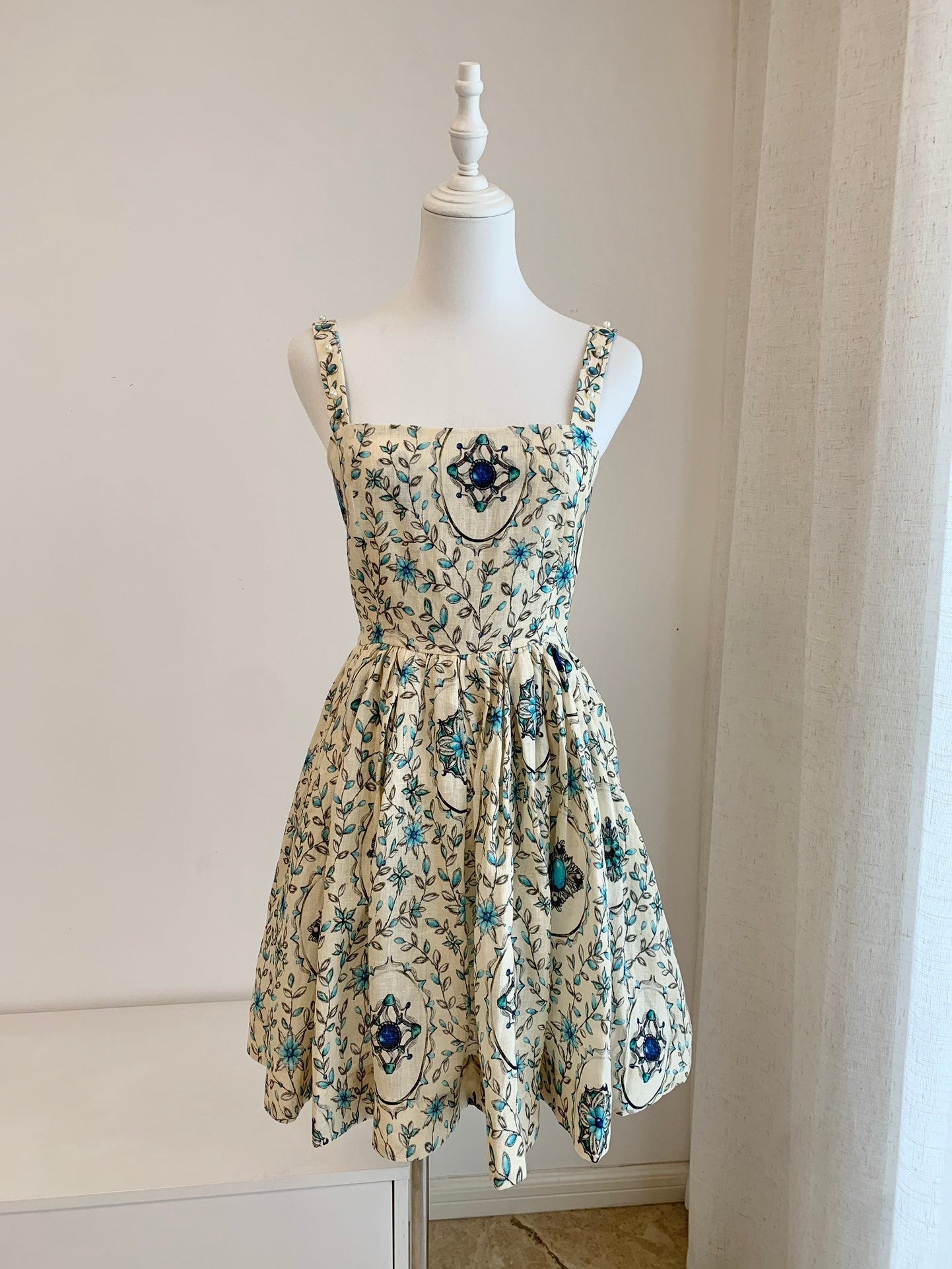 2501039Agu Agua Floral Print Mini Dress Linen Camisole Beading Beige Back Zipper Tie Waist
