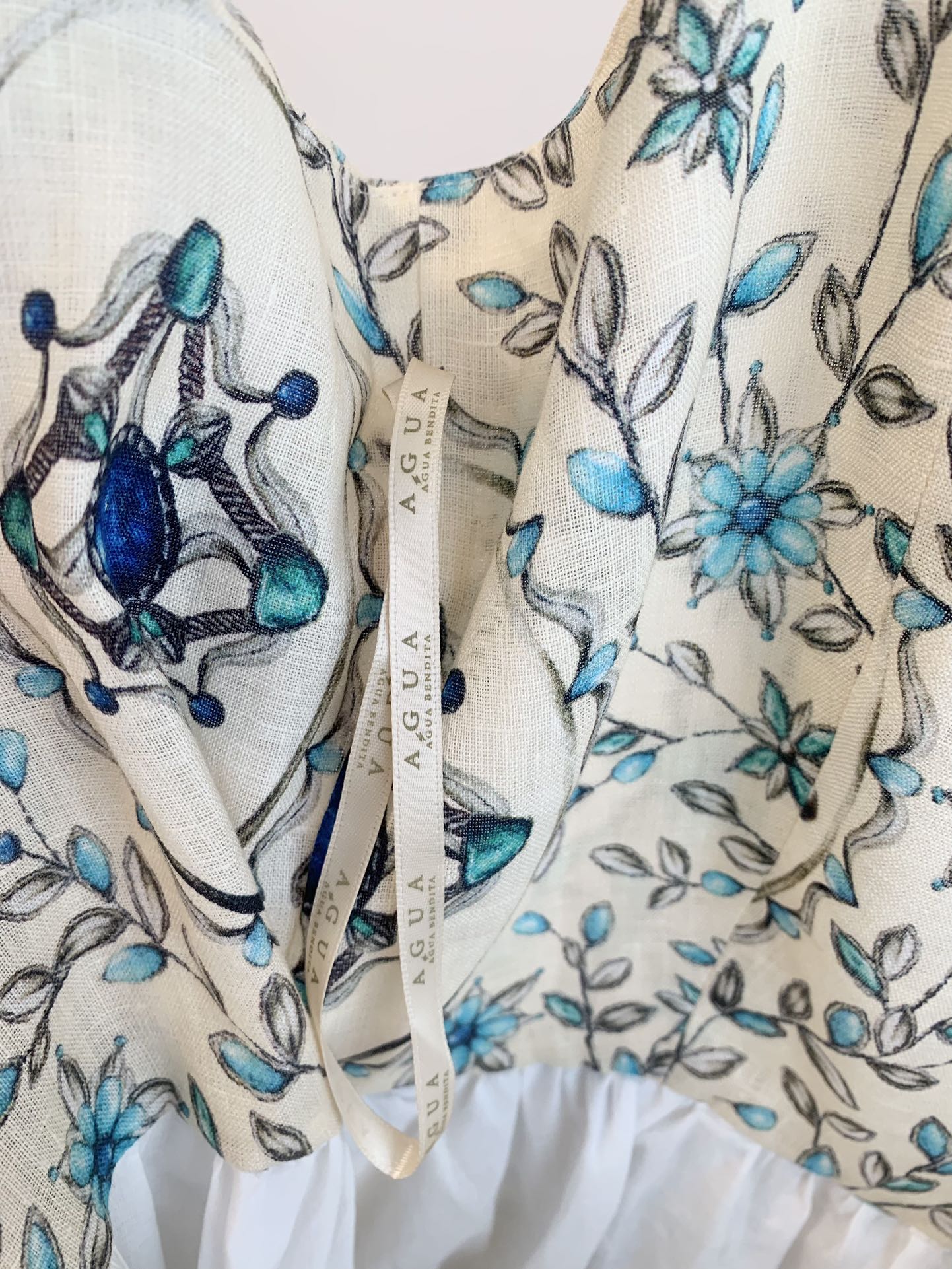 2501039Agu Agua Floral Print Mini Dress Linen Camisole Beading Beige Back Zipper Tie Waist