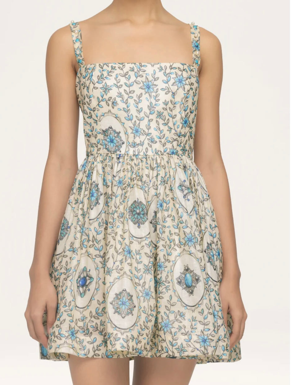 2501039Agu Agua Floral Print Mini Dress Linen Camisole Beading Beige Back Zipper Tie Waist