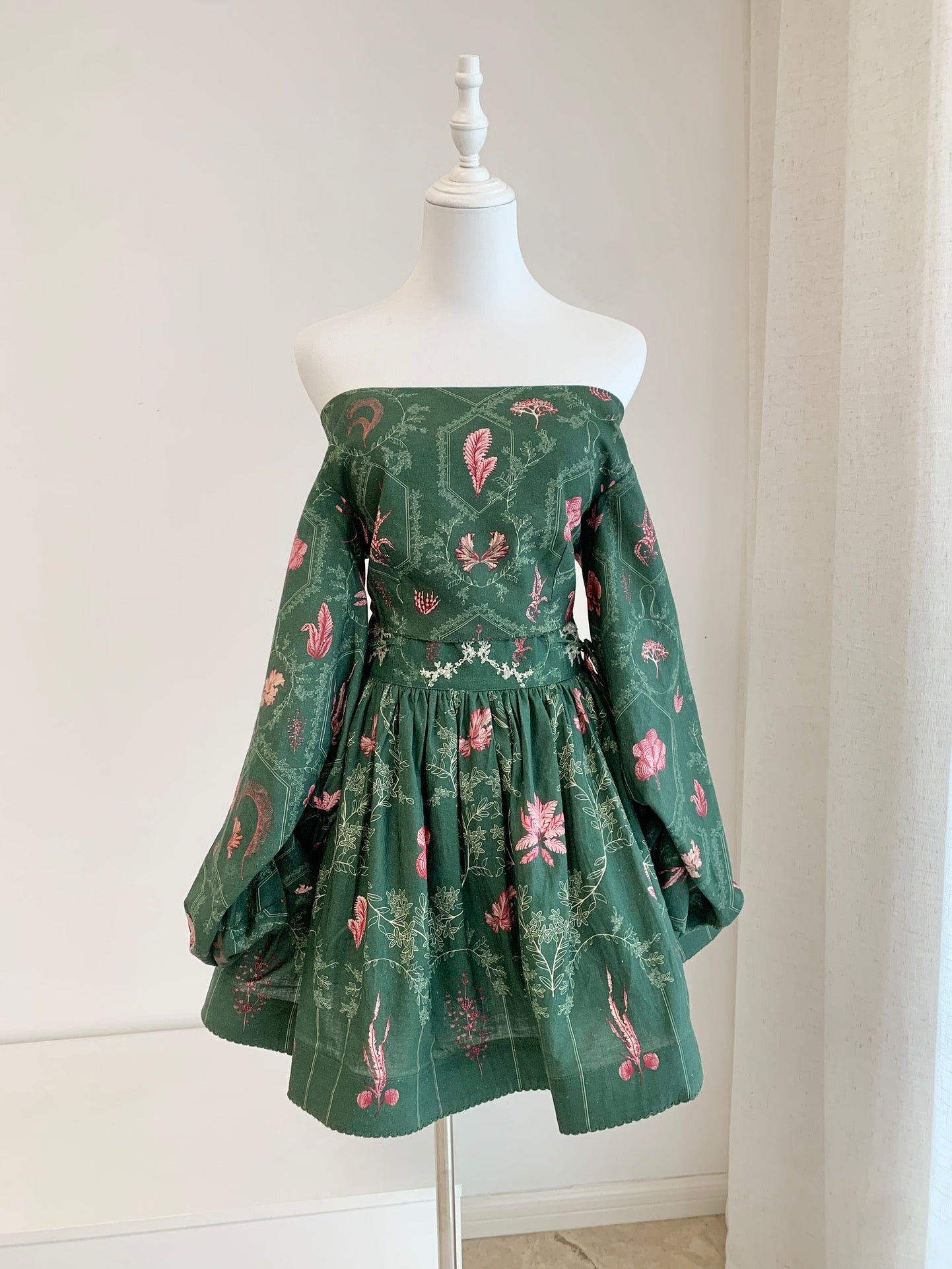 Agua Short length Shirt Mini Skirt Set Linen Green Floral Print Back-Tie Fasten Drawstring Waist 2502048Agu