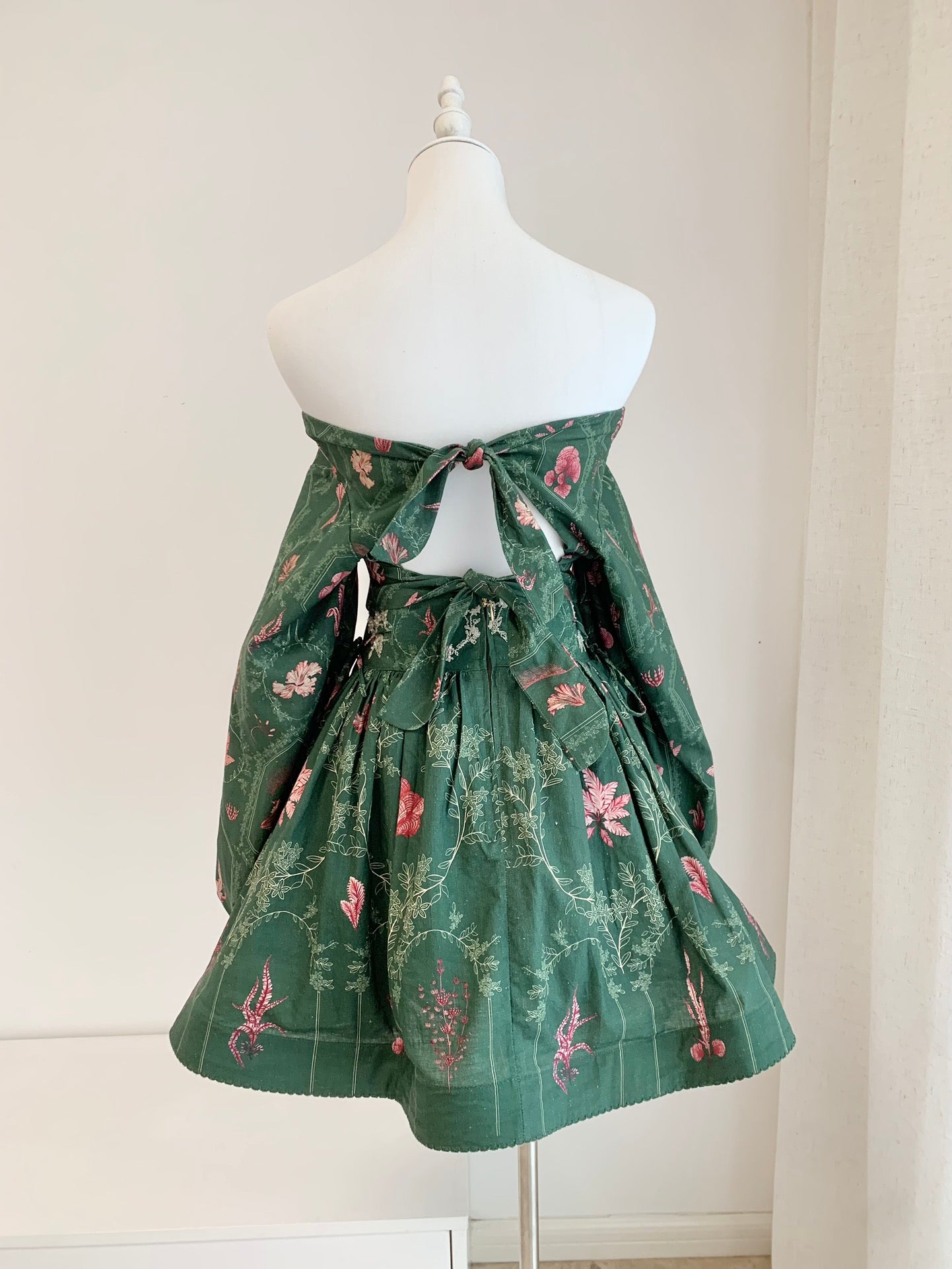 Agua Short length Shirt Mini Skirt Set Linen Green Floral Print Back-Tie Fasten Drawstring Waist 2502048Agu