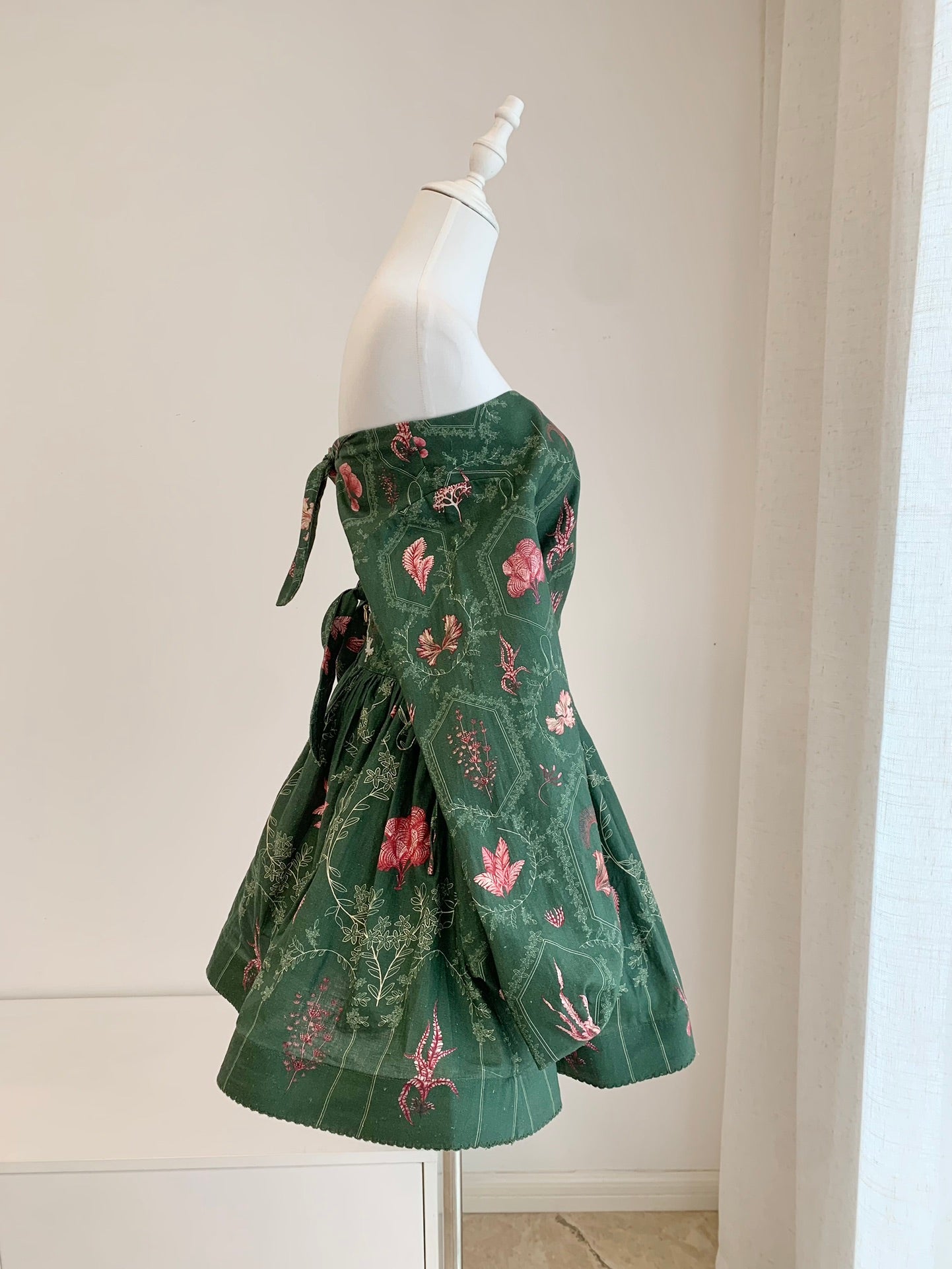 Agua Short length Shirt Mini Skirt Set Linen Green Floral Print Back-Tie Fasten Drawstring Waist 2502048Agu