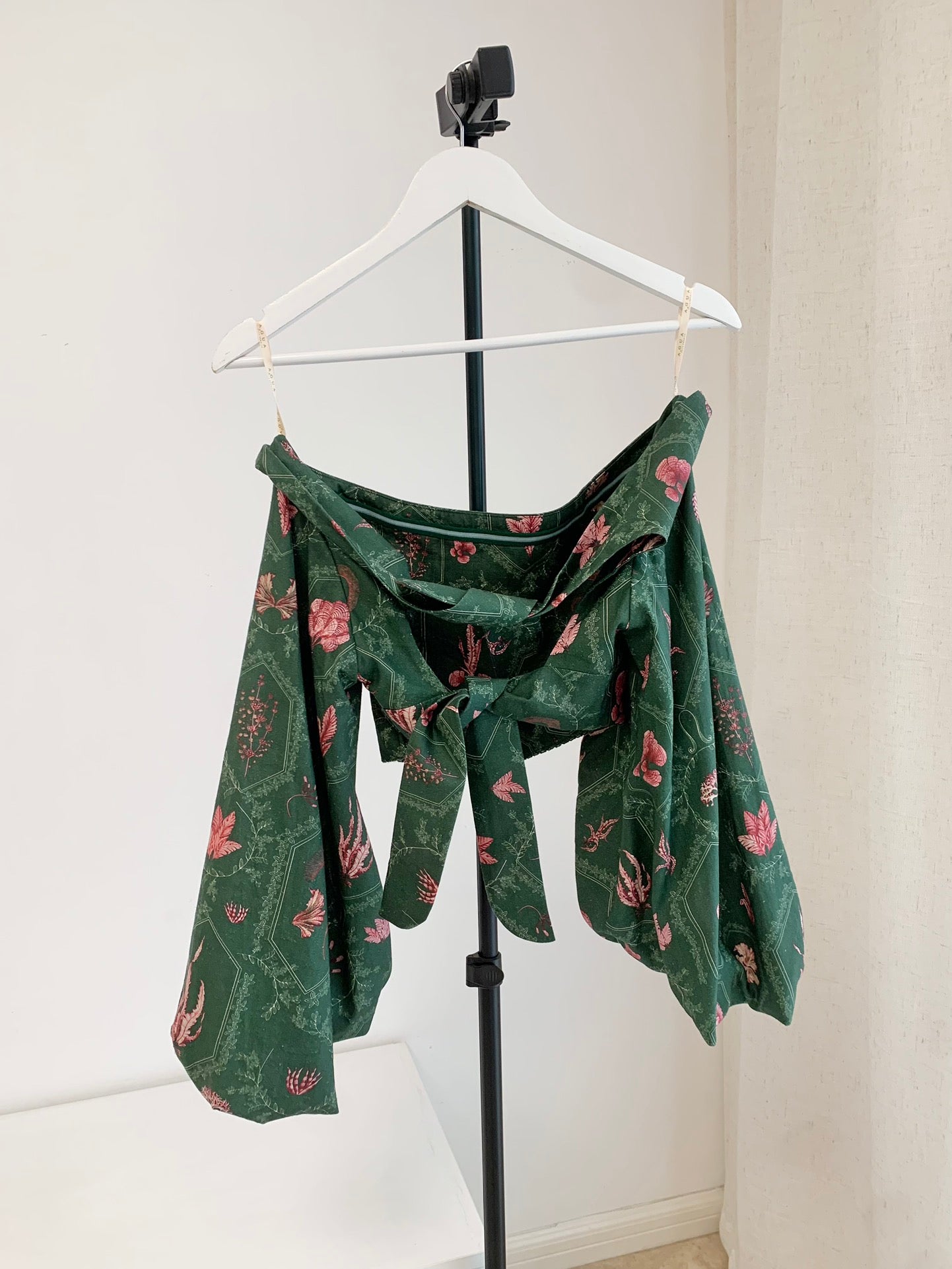 Agua Short length Shirt Mini Skirt Set Linen Green Floral Print Back-Tie Fasten Drawstring Waist 2502048Agu