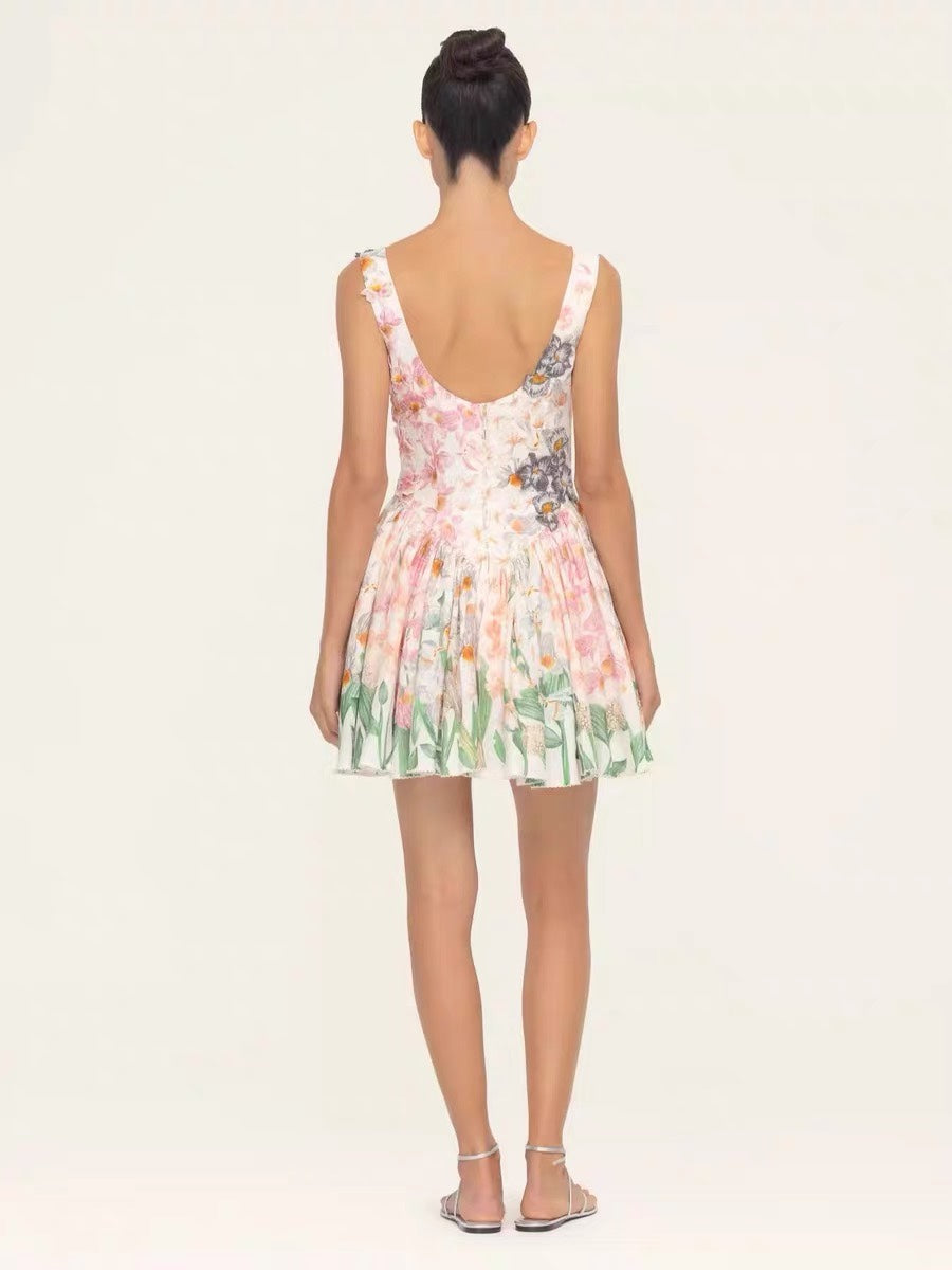 Agua Sleeveless Mini Dress Linen beige color floral print U-neck backless rear-zip applique 2502046Agu
