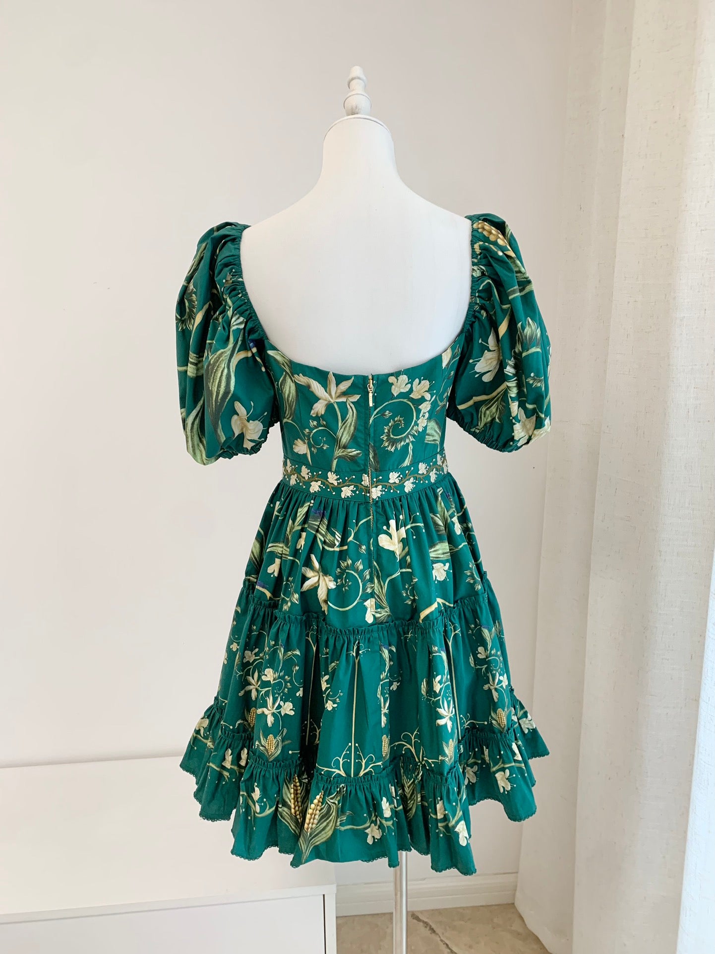 Agua Manzanilla Esmeralda floral-print dress green cotton floral print embroidery ruffled 2503083Agu