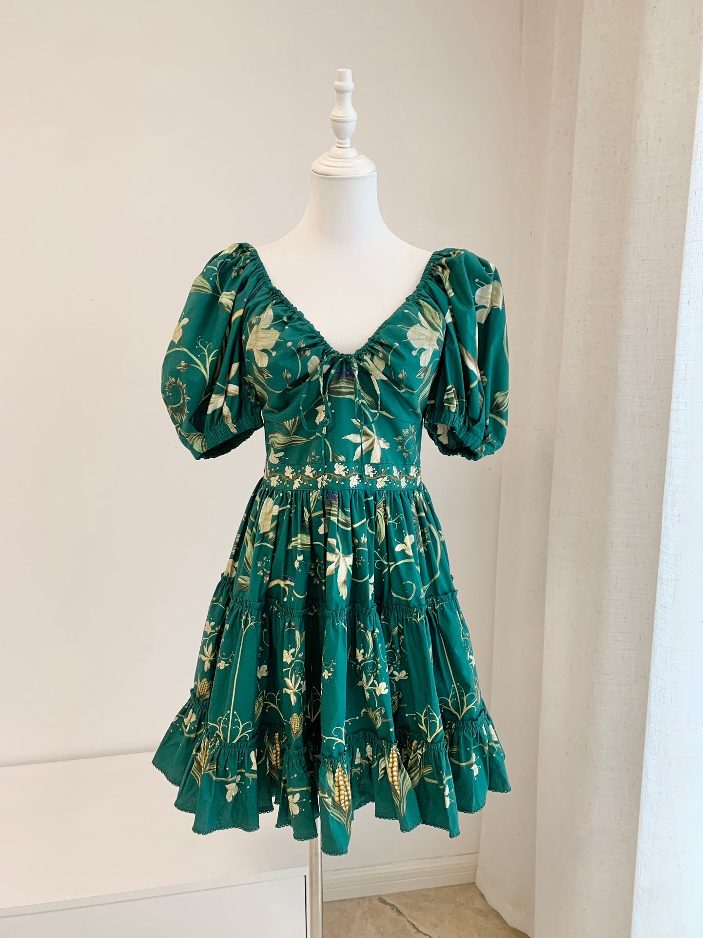 Agua Manzanilla Esmeralda floral-print dress green cotton floral print embroidery ruffled 2503083Agu