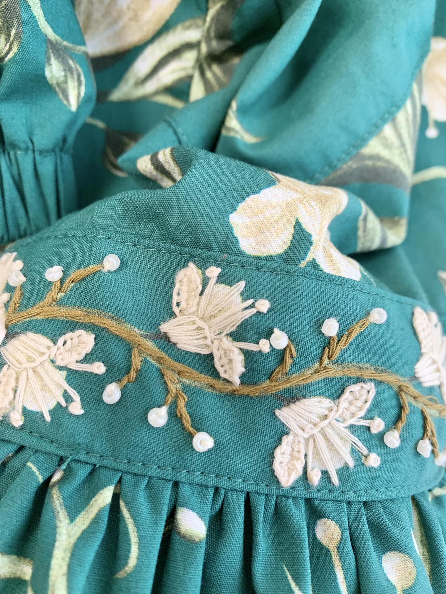 Agua Manzanilla Esmeralda floral-print dress green cotton floral print embroidery ruffled 2503083Agu