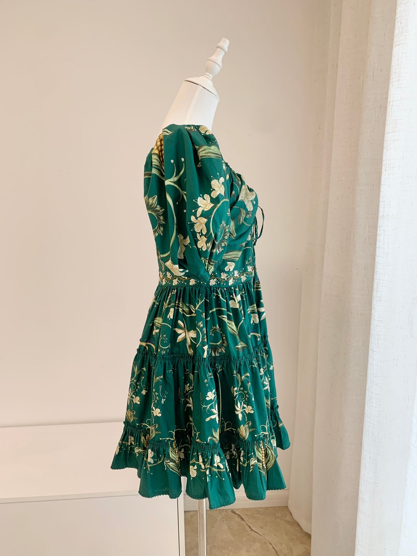 Agua Manzanilla Esmeralda floral-print dress green cotton floral print embroidery ruffled 2503083Agu