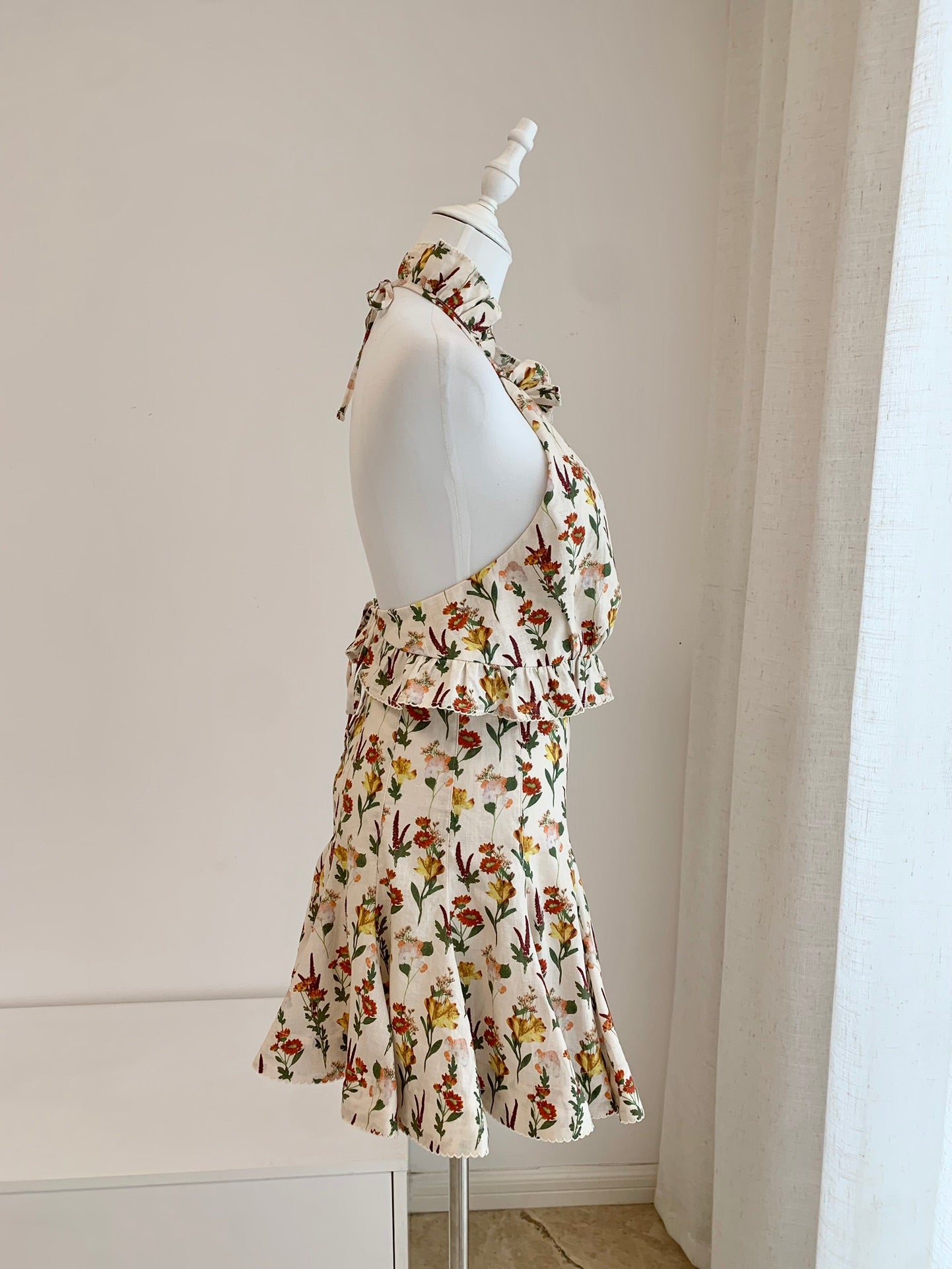 Agua Halter Tops Mini Skirt Floral Print Ruffles Light Yellow Backless Mid-Waist Linen 2503081Agu
