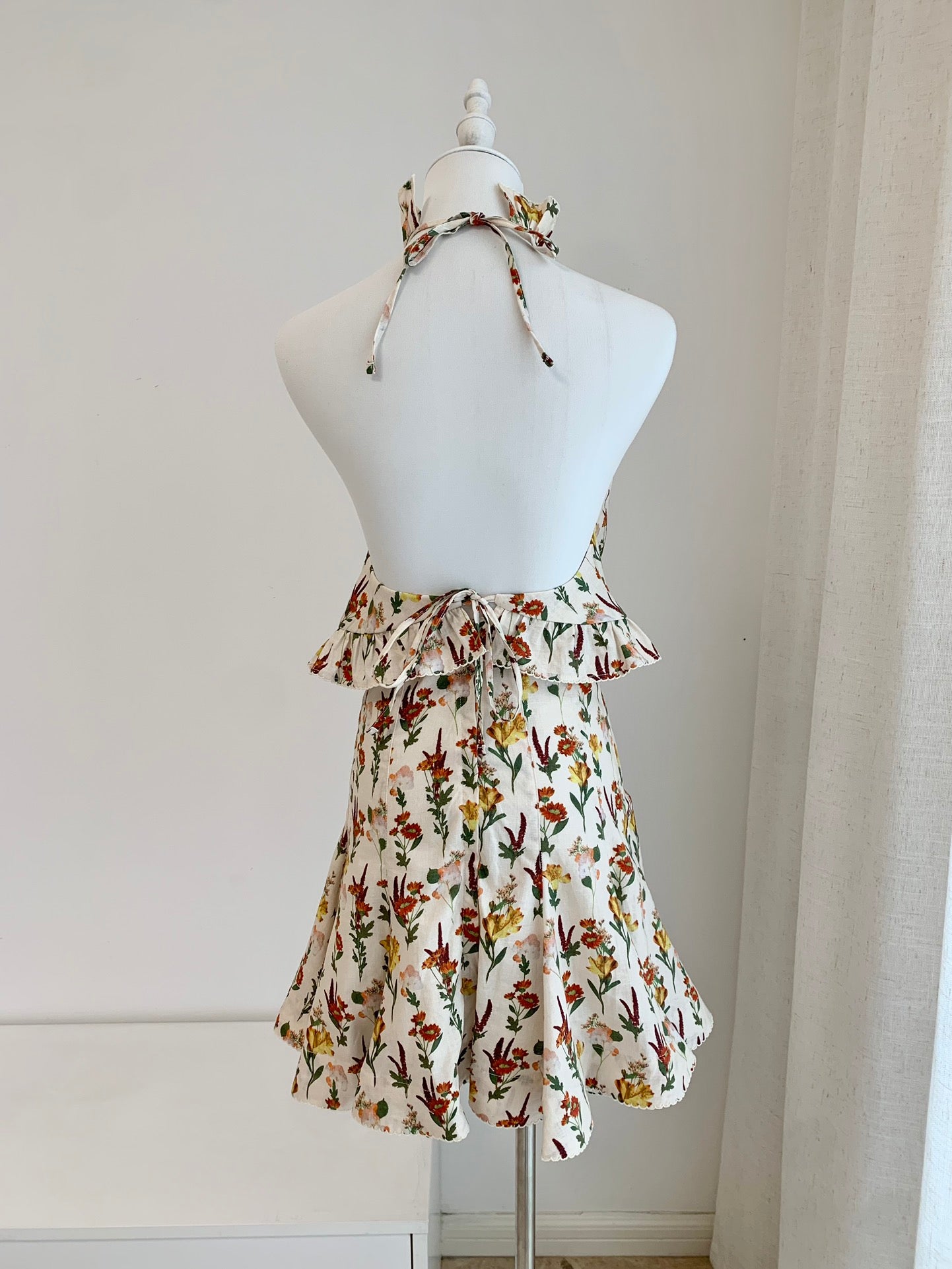 Agua Halter Tops Mini Skirt Floral Print Ruffles Light Yellow Backless Mid-Waist Linen 2503081Agu