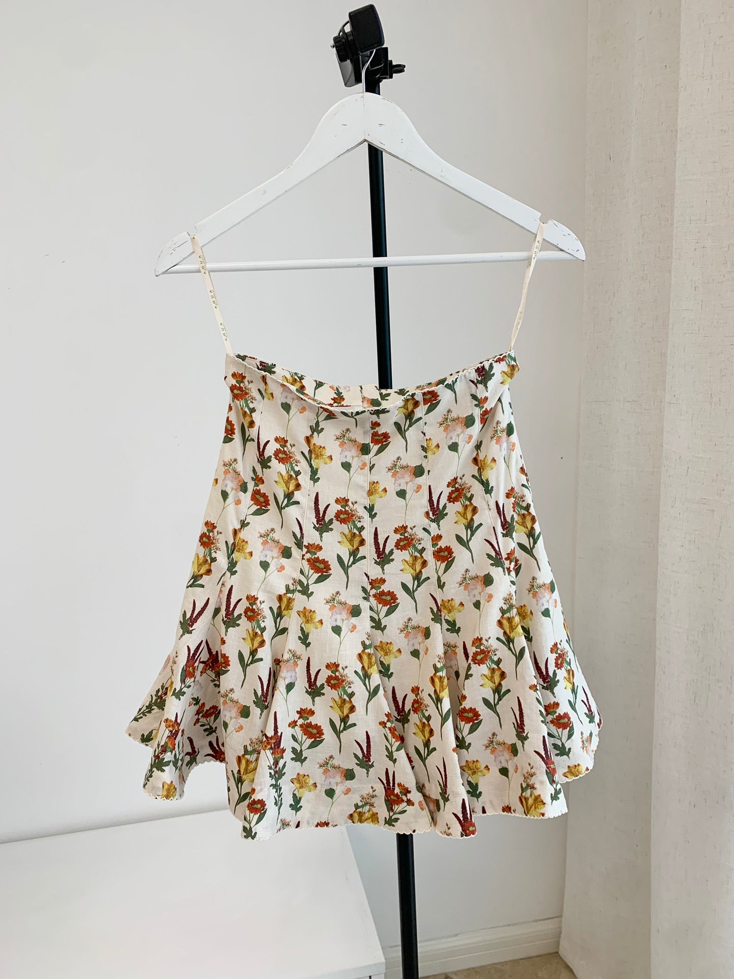 Agua Halter Tops Mini Skirt Floral Print Ruffles Light Yellow Backless Mid-Waist Linen 2503081Agu