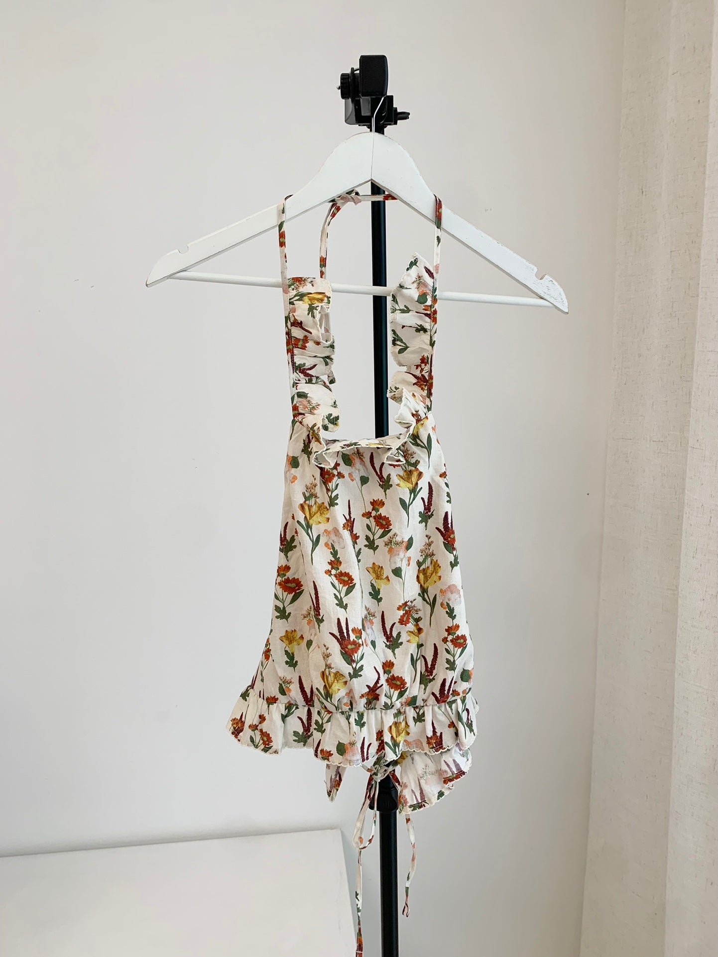 Agua Halter Tops Mini Skirt Floral Print Ruffles Light Yellow Backless Mid-Waist Linen 2503081Agu