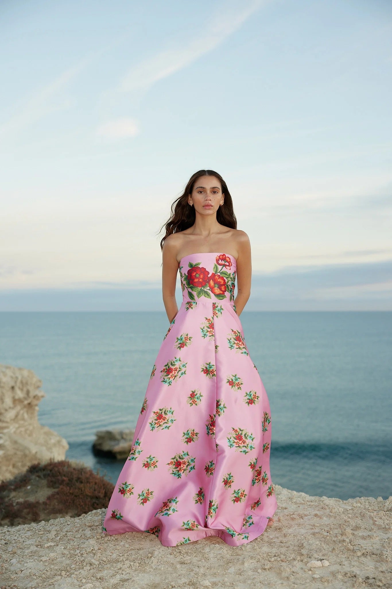 Aston Tube Midi Dress Pink Floral Print Sleeveless High Waist Gown Dress Polyester Back-Zip 2504051Ast