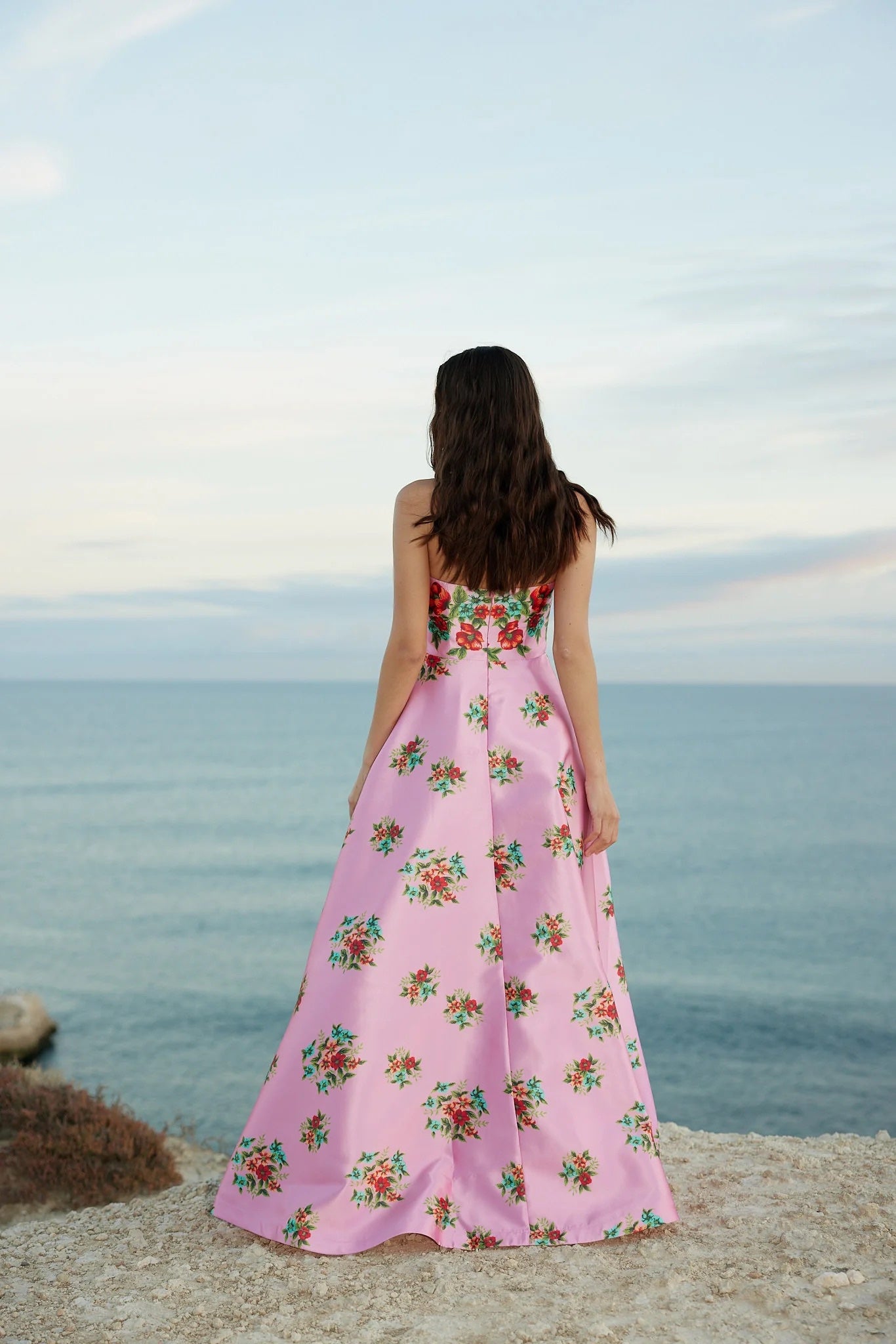 Aston Tube Midi Dress Pink Floral Print Sleeveless High Waist Gown Dress Polyester Back-Zip 2504051Ast