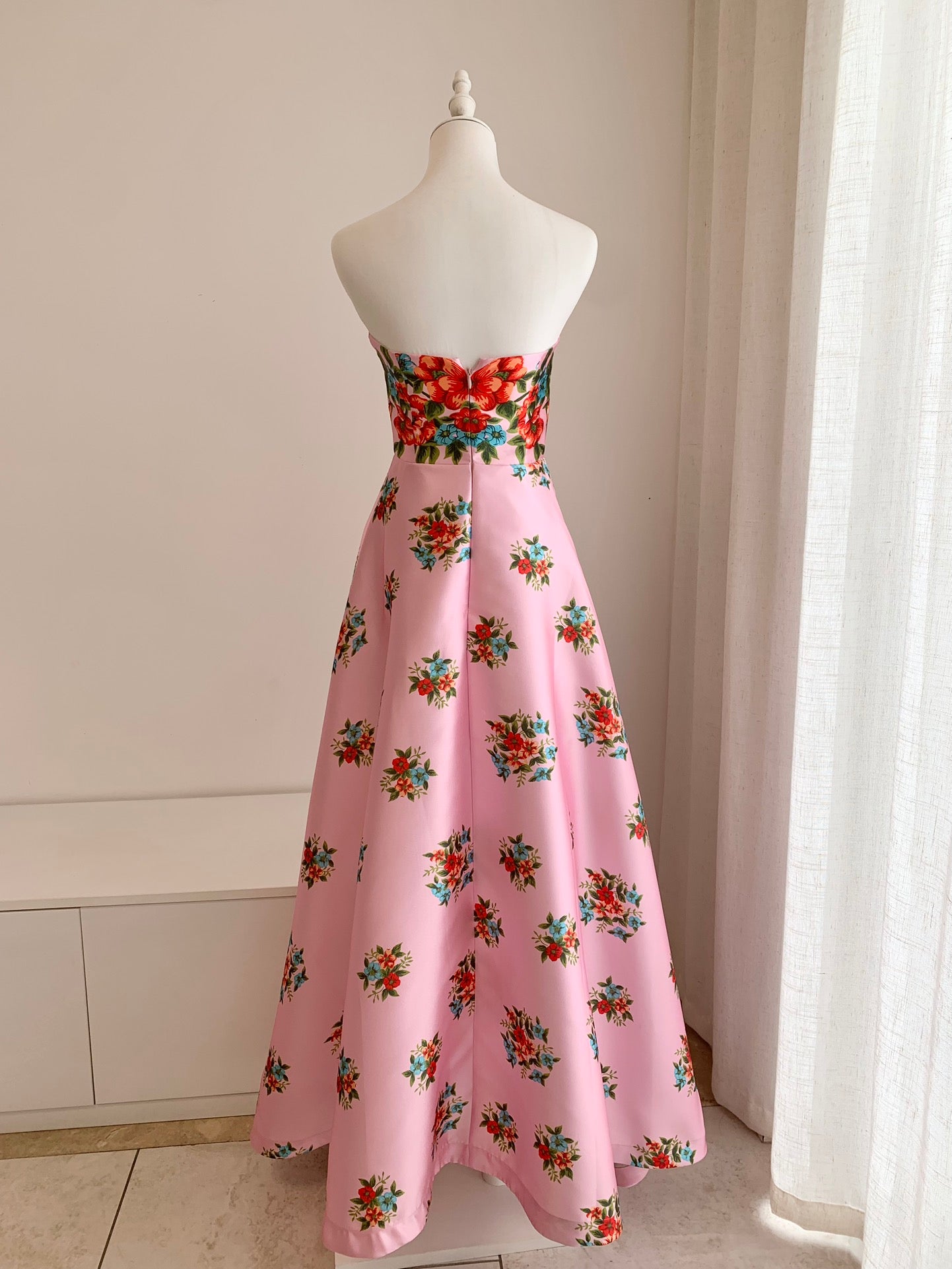 Aston Tube Midi Dress Pink Floral Print Sleeveless High Waist Gown Dress Polyester Back-Zip 2504051Ast
