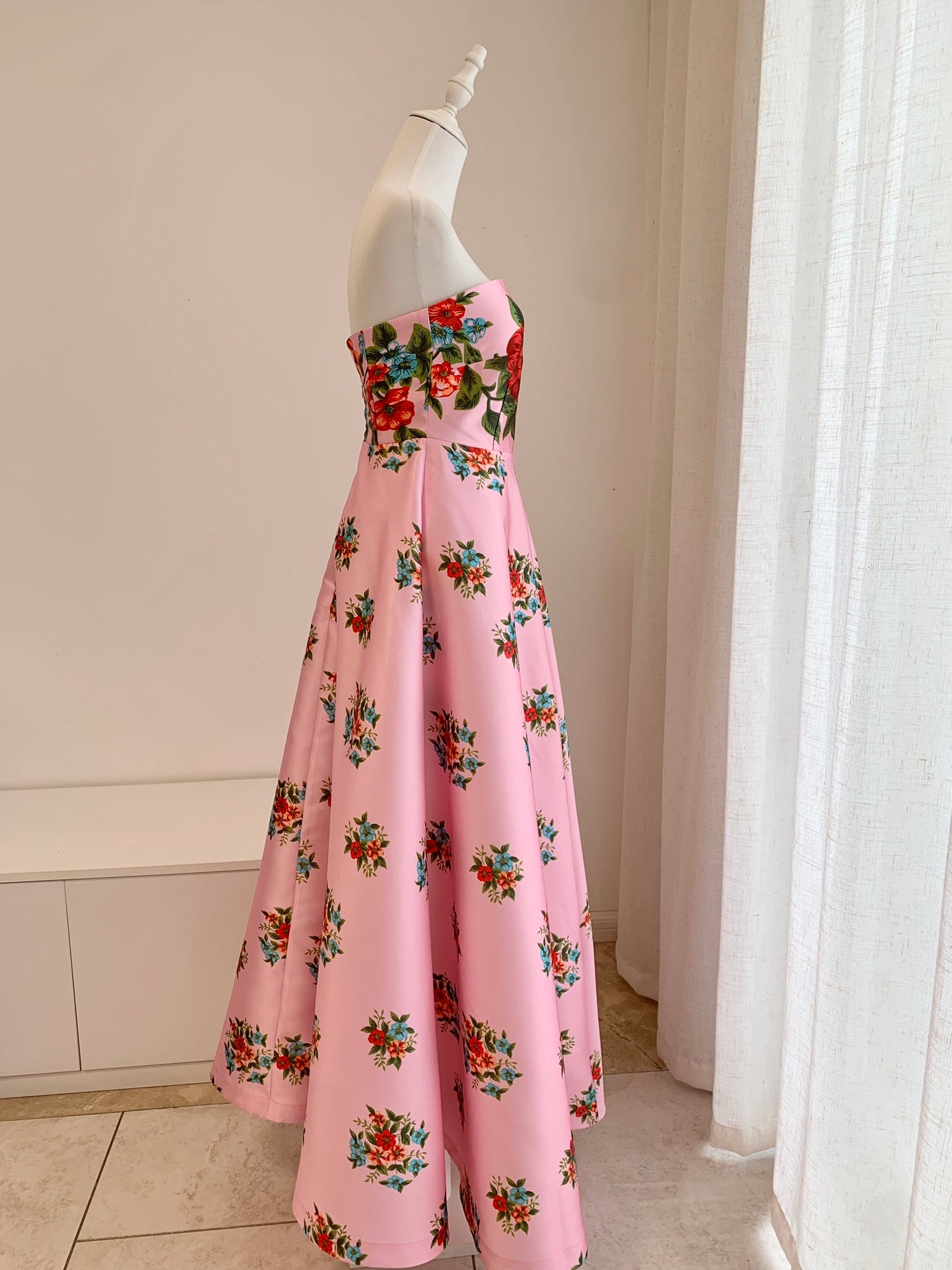 Aston Tube Midi Dress Pink Floral Print Sleeveless High Waist Gown Dress Polyester Back-Zip 2504051Ast