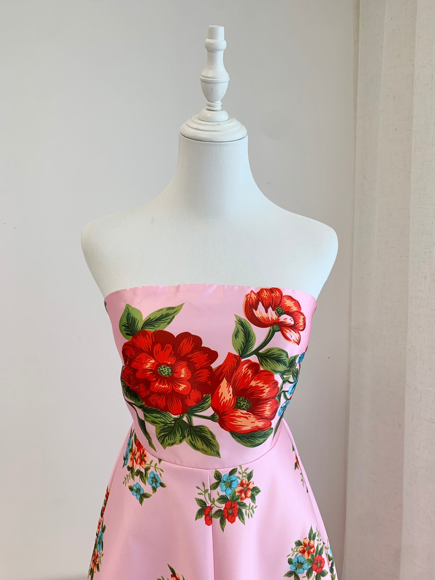 Aston Tube Midi Dress Pink Floral Print Sleeveless High Waist Gown Dress Polyester Back-Zip 2504051Ast