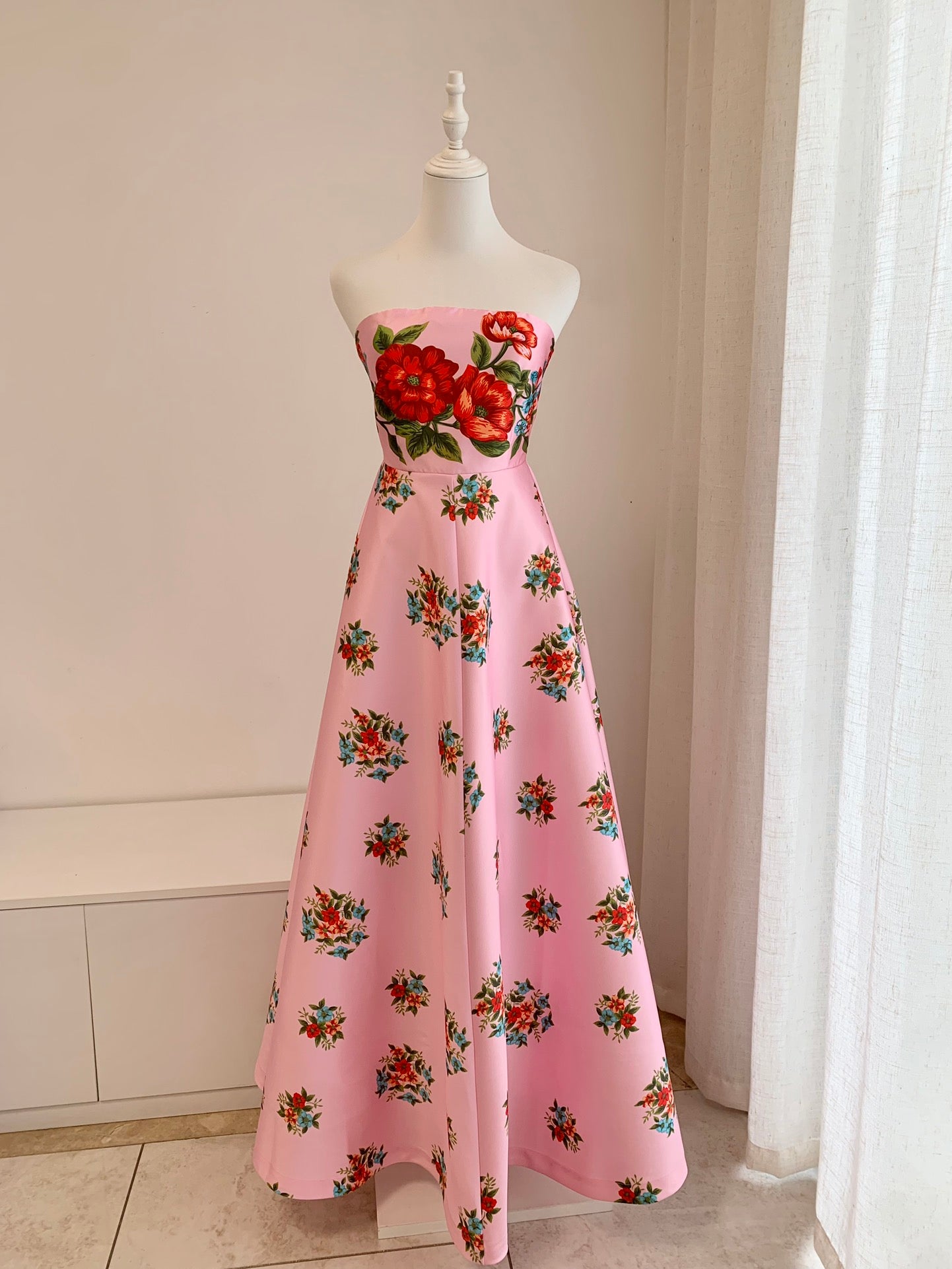 Aston Tube Midi Dress Pink Floral Print Sleeveless High Waist Gown Dress Polyester Back-Zip 2504051Ast
